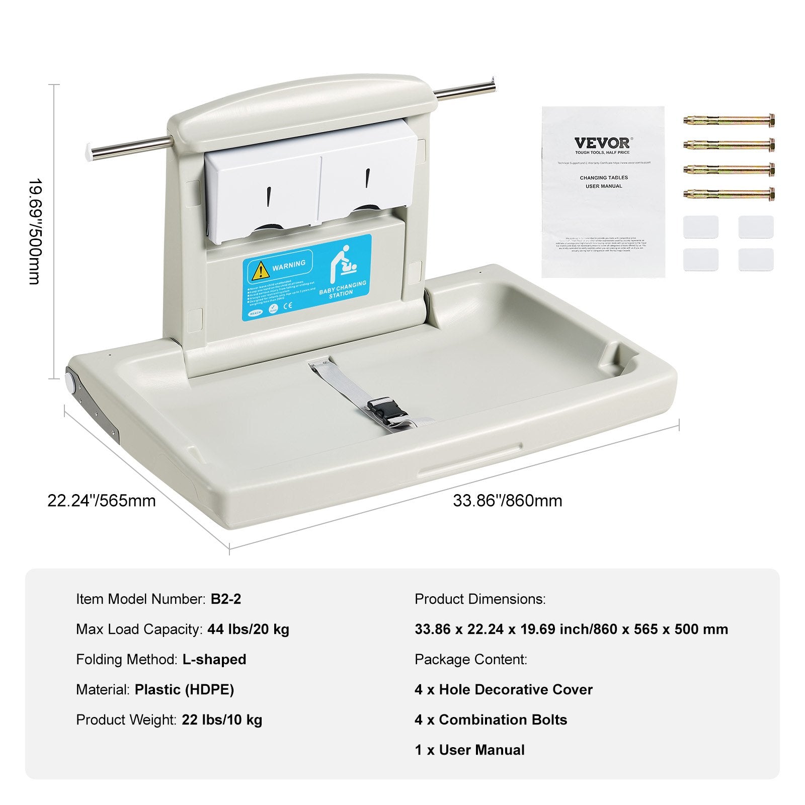 VEVOR Wall-Mounted Baby Changing Station, Horizontal Foldable Diaper Change Table with Safety Straps and Hanging Rods, Use in Commercial Bathrooms, Daycare Centers for Newborns & Infant