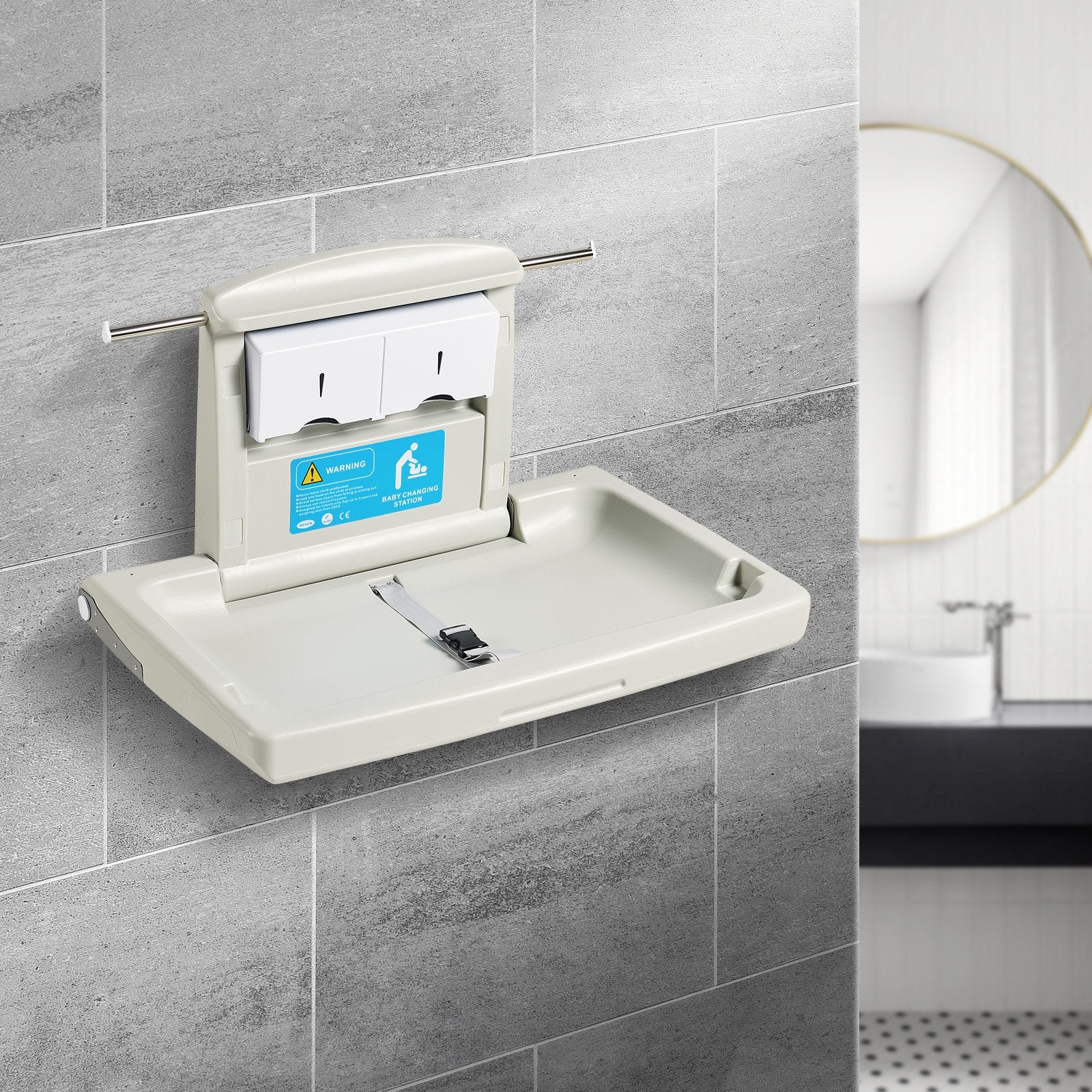 VEVOR Wall-Mounted Baby Changing Station, Horizontal Foldable Diaper Change Table with Safety Straps and Hanging Rods, Use in Commercial Bathrooms, Daycare Centers for Newborns & Infant