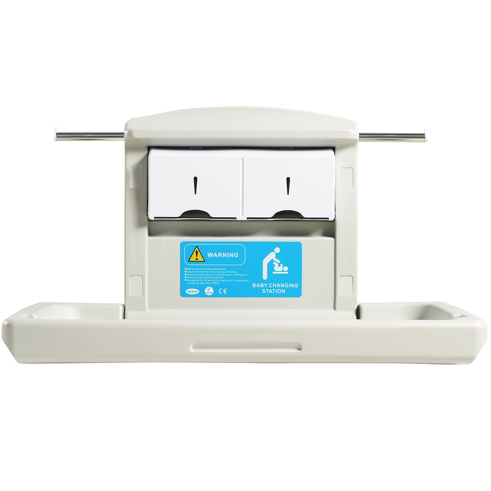 VEVOR Wall-Mounted Baby Changing Station, Horizontal Foldable Diaper Change Table with Safety Straps and Hanging Rods, Use in Commercial Bathrooms, Daycare Centers for Newborns & Infant