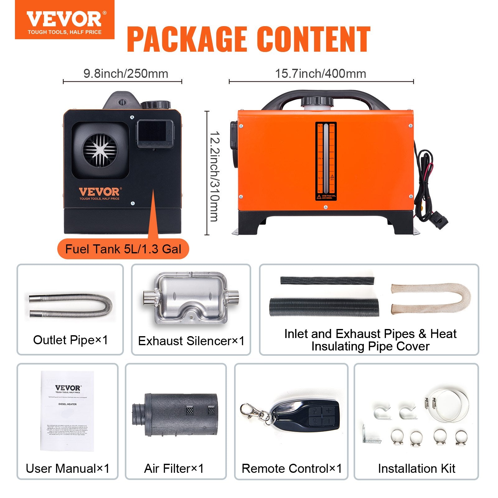 VEVOR Diesel Air Heater, 12V 5KW All-on-one Diesel Heater with Remote Control and LCD Display, 5L Fuel Tank Portable Diesel Parking Heater, Rapid Heating for RV Trailer Camper Van Boat