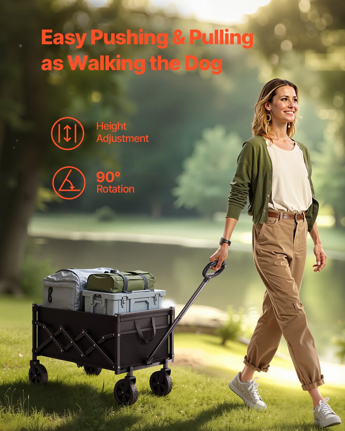 VEVOR Collapsible Wagon Carts, 120L & 225LBS Folding Wagons with All-Terrain Wheels, Heavy Duty Outdoor Utility Cart with Adjustable Handle, Portable Camping Cart for Beach Grocery Garden Black