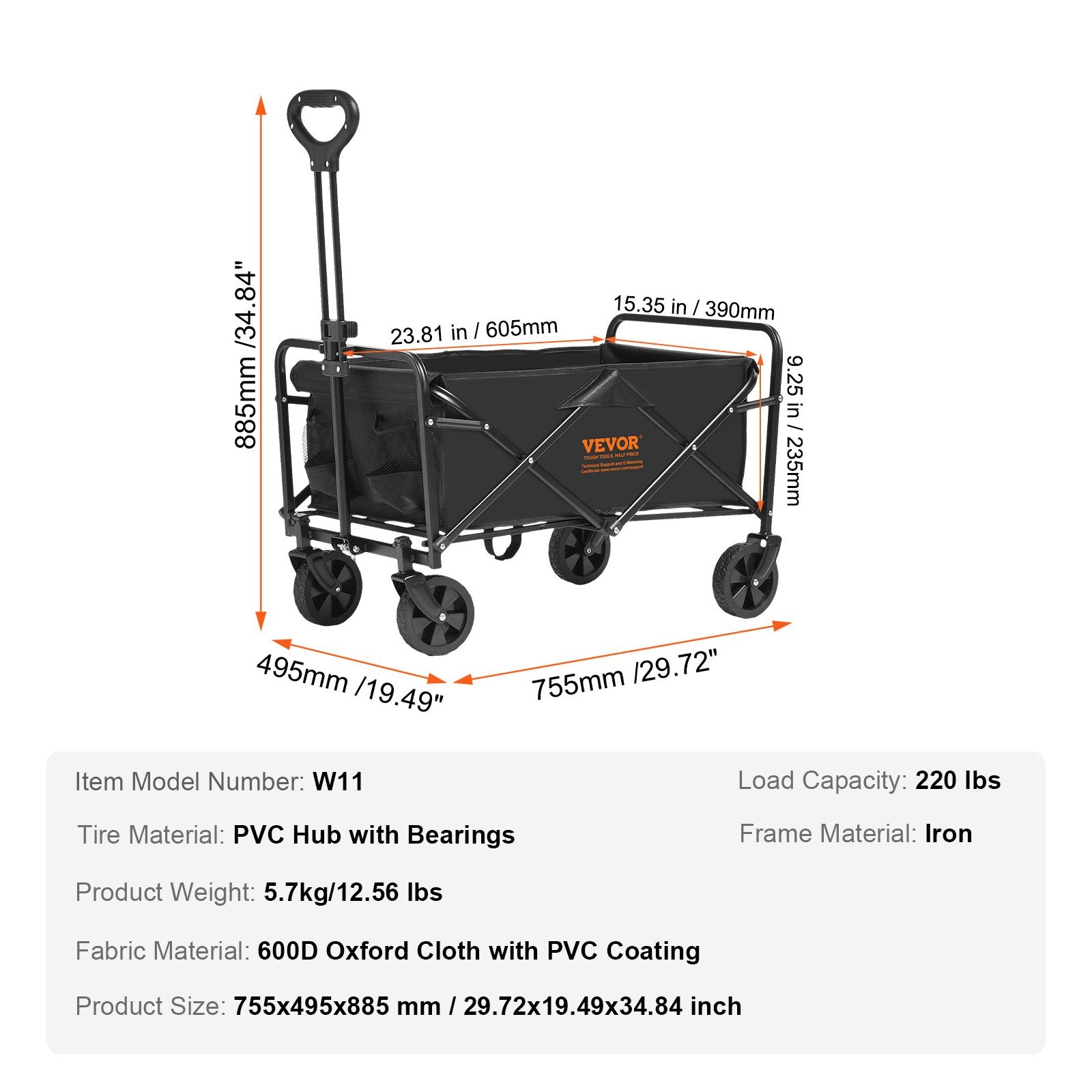 VEVOR Collapsible Folding Wagon, 2 cu.ft Grass Wagon Cart with All-Terrain 5in Wheels, Heavy Duty Folding Wagon Cart 220 lbs Weight Capacity with Drink Holders, Sports Wagon for Camping, Shopping, Gar