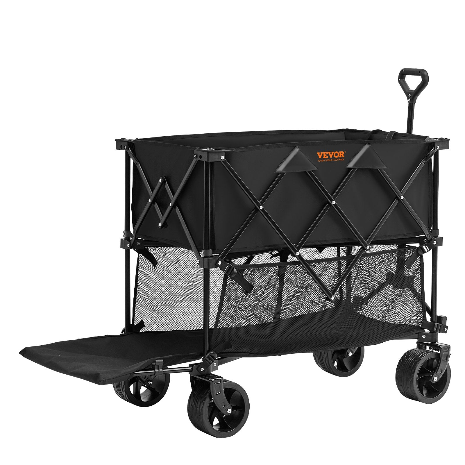 VEVOR Foldable Double Decker Wagon, 400L Collapsible Wagon Cart with All-Terrain Wheels, Heavy Duty Folding Wagon Cart 350-450 lb Weight Capacity for Camping, Shopping, Garden, 52" Extra Long Extender