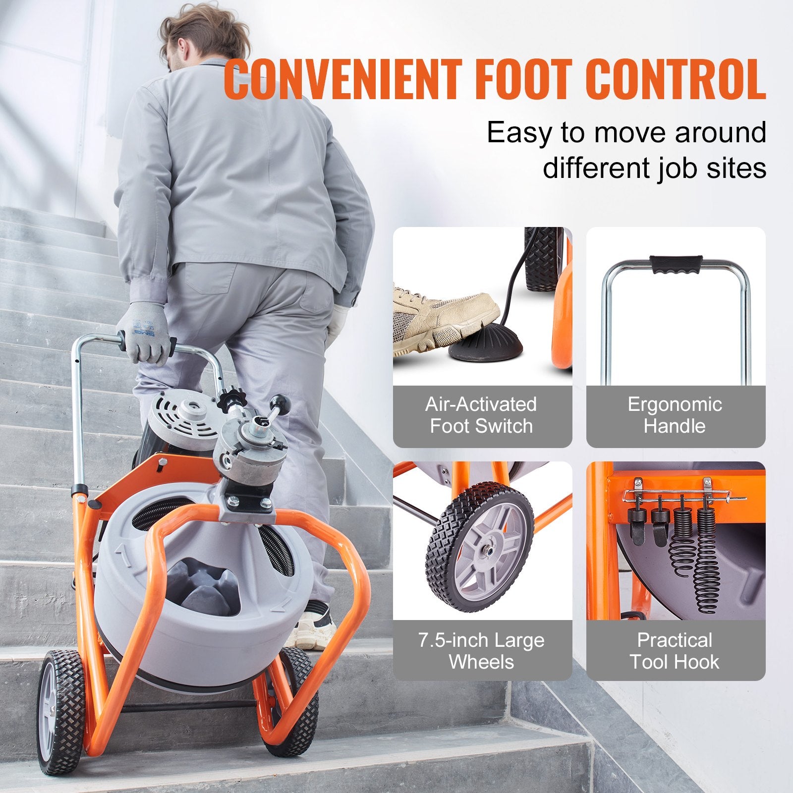 VEVOR Drain Cleaner Machine 100FT x 3/8 Inch, Auto Feed Sewer Snake Drain Auger on Wheels, Portable Drain Cleaning Machine with 8 Cutters & Air-activated Foot Switch for 2" to 4" Pipes
