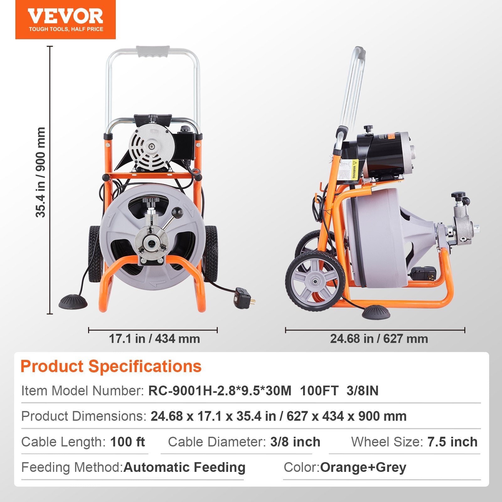 VEVOR Drain Cleaner Machine 100FT x 3/8 Inch, Auto Feed Sewer Snake Drain Auger on Wheels, Portable Drain Cleaning Machine with 8 Cutters & Air-activated Foot Switch for 2" to 4" Pipes