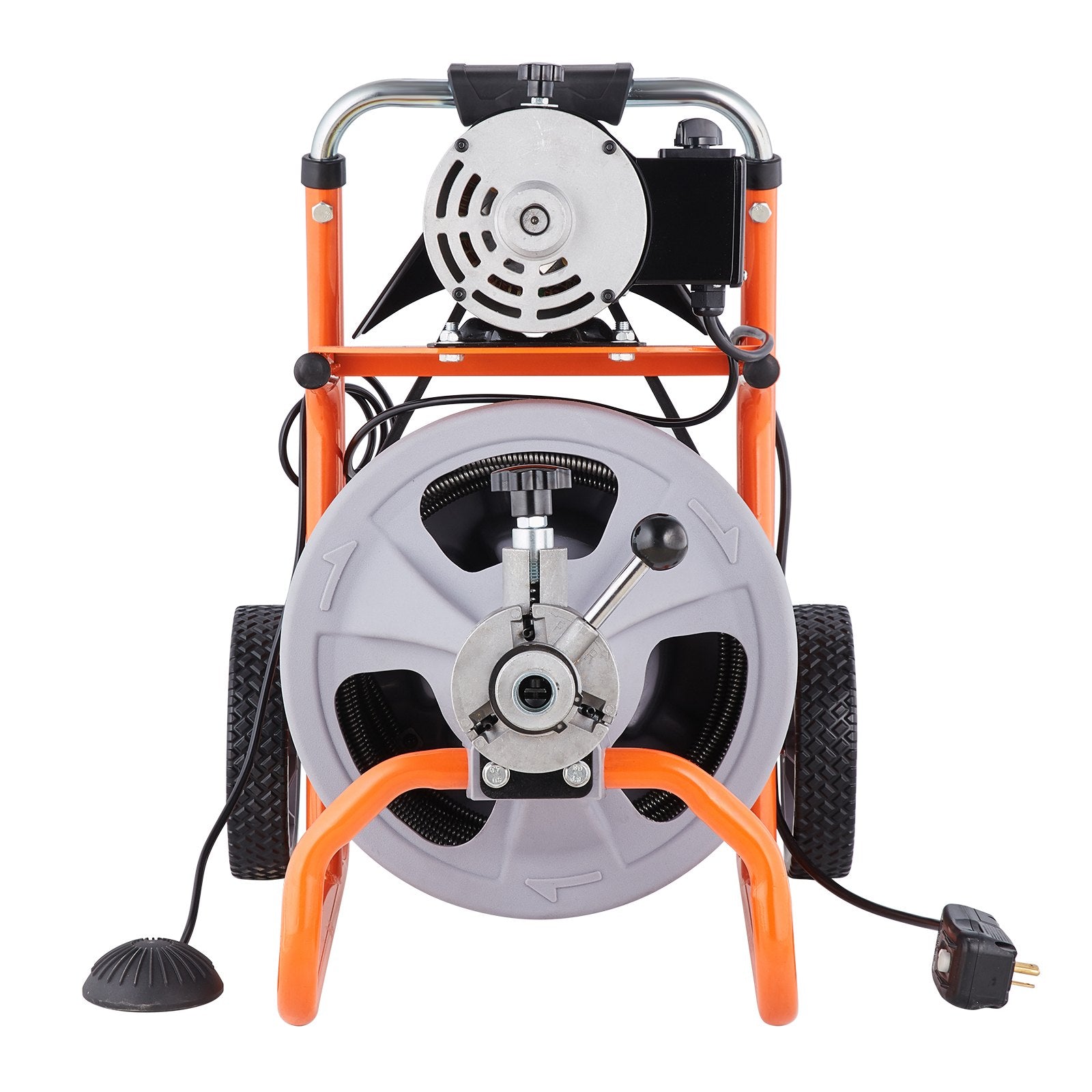VEVOR Drain Cleaner Machine 100FT x 3/8 Inch, Auto Feed Sewer Snake Drain Auger on Wheels, Portable Drain Cleaning Machine with 8 Cutters & Air-activated Foot Switch for 2" to 4" Pipes
