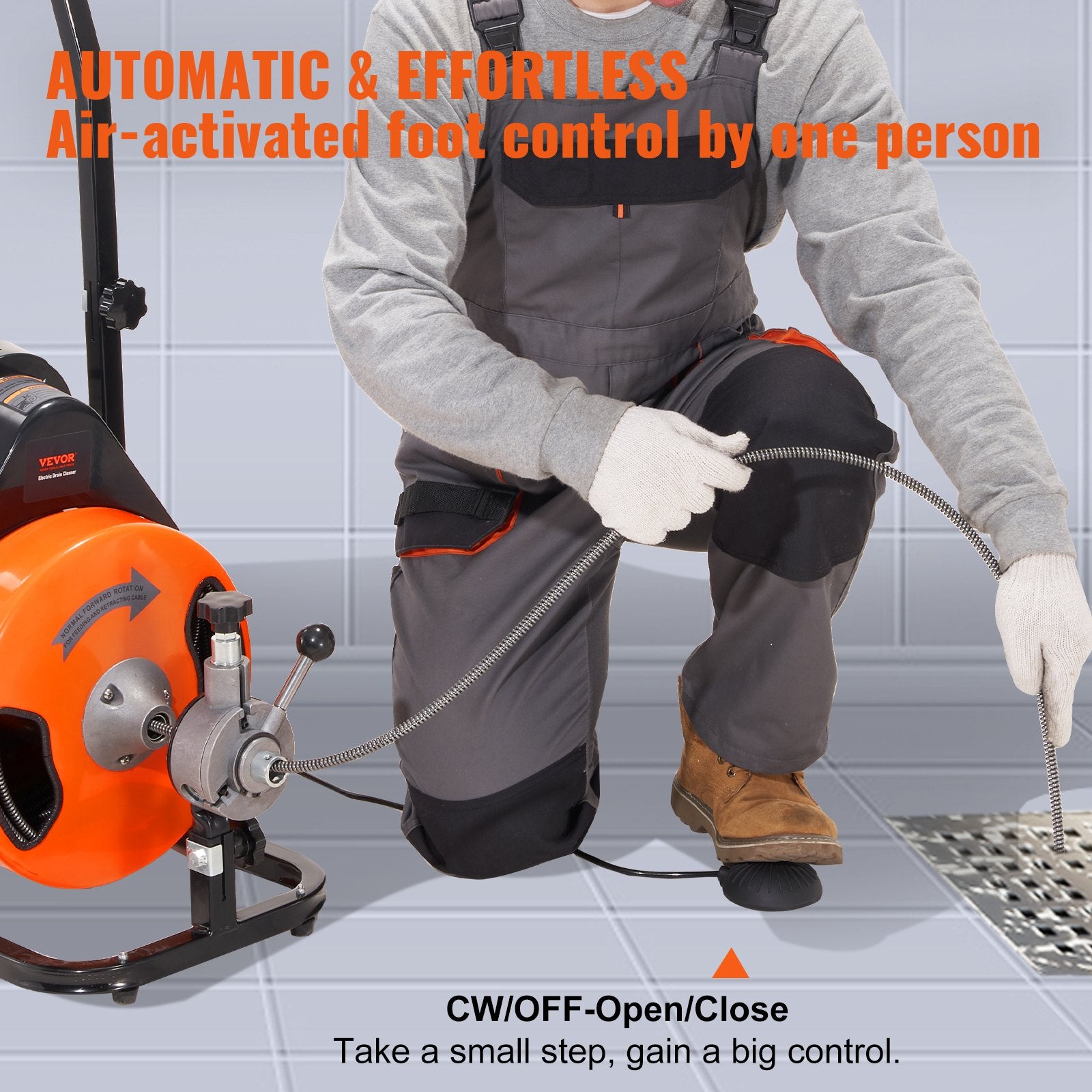 VEVOR 50FT x 3/8 Inch Drain Cleaner Machine Sewer Auger Auto Feed with 4 Cutter & Air-Activated Foot Switch for 2" to 4" Pipes