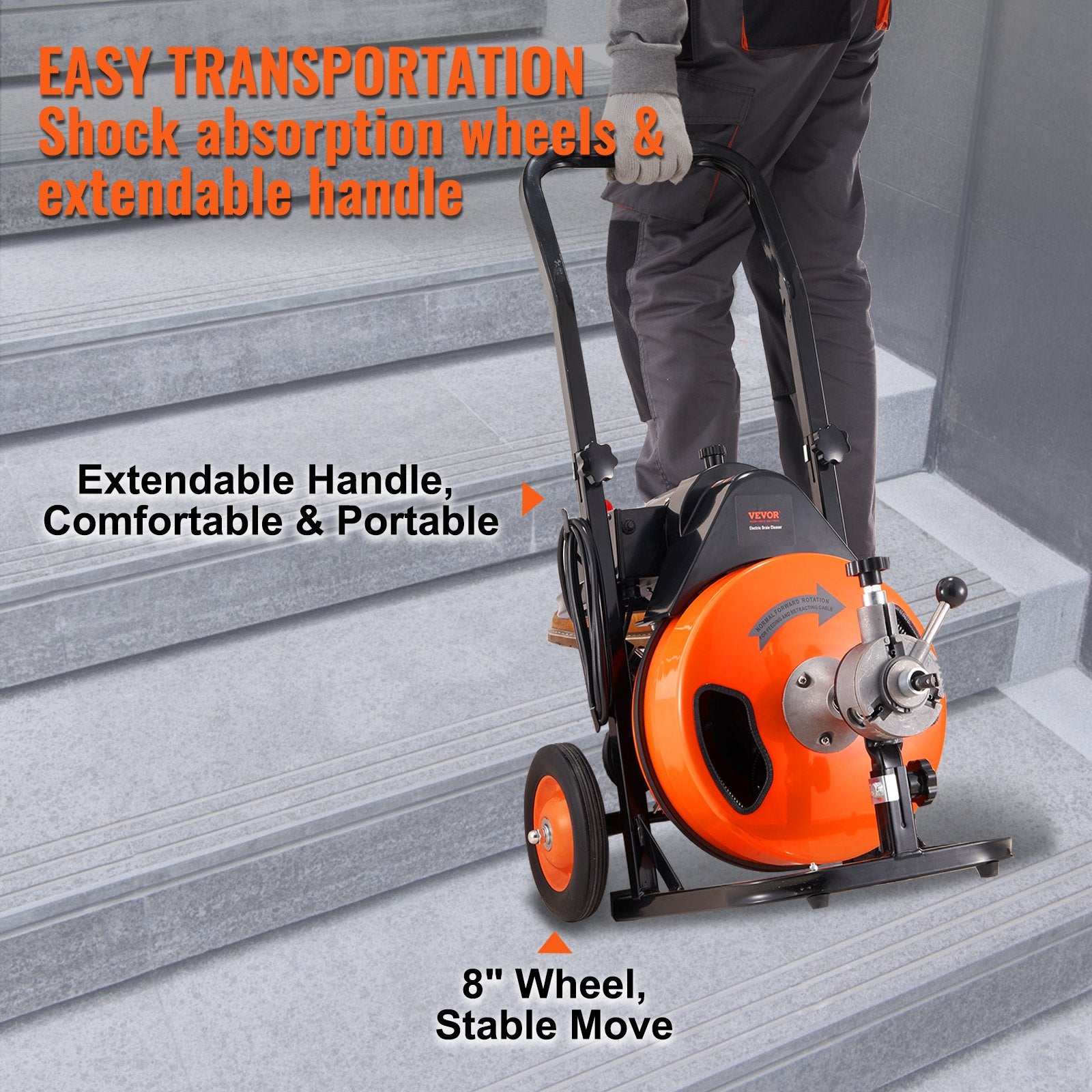 VEVOR 50FT x 3/8 Inch Drain Cleaner Machine Sewer Auger Auto Feed with 4 Cutter & Air-Activated Foot Switch for 2" to 4" Pipes