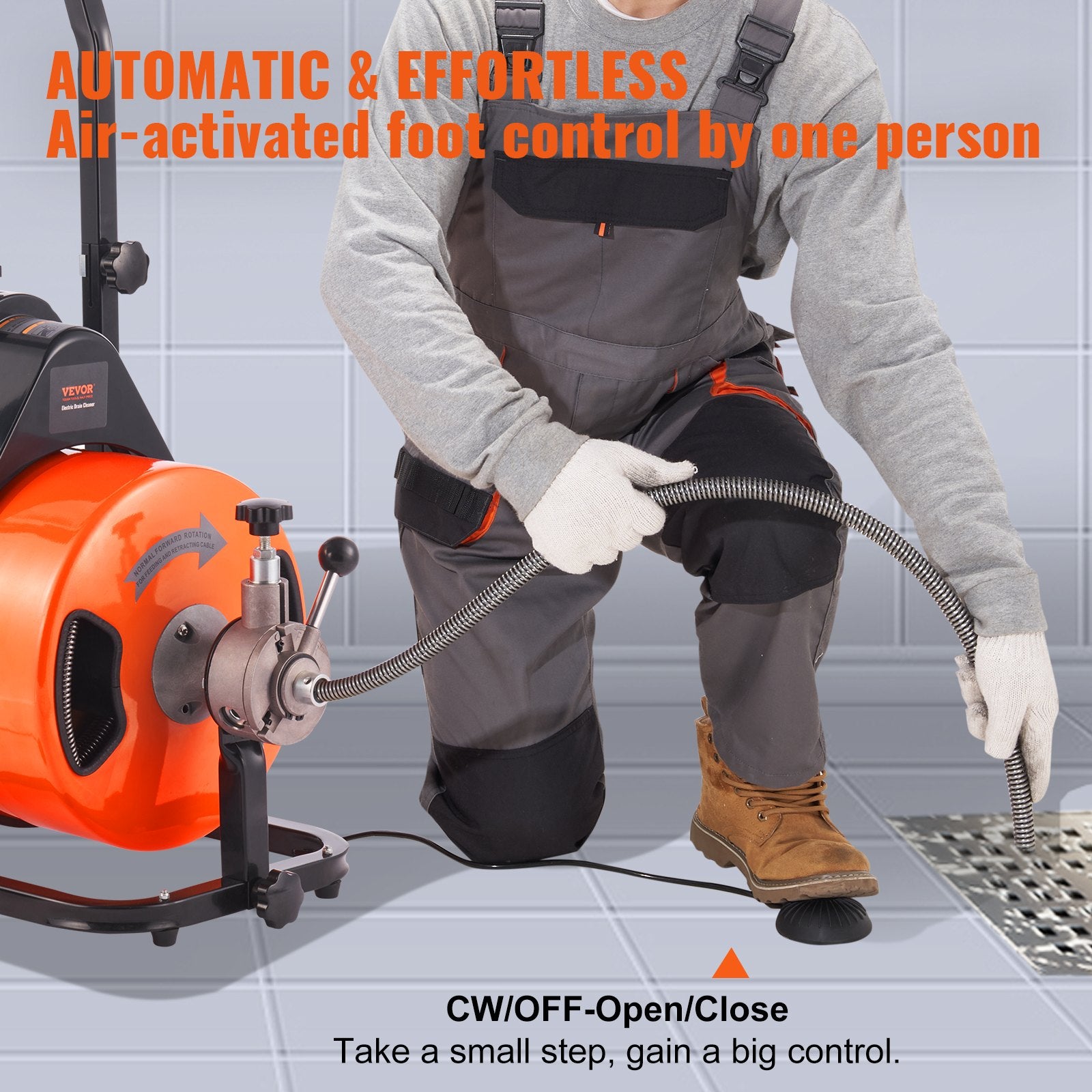 VEVOR 100FT x 1/2Inch Drain Cleaner Machine Sewer Auger Auto Feed with 4 Cutter & Air-Activated Foot Switch for 2" to 4" Pipes