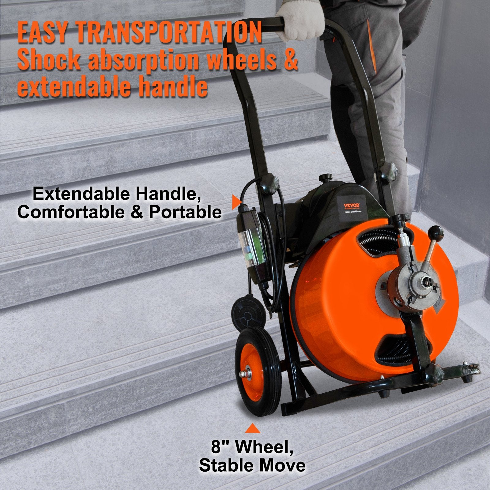 VEVOR 100FT x 1/2Inch Drain Cleaner Machine Sewer Auger Auto Feed with 4 Cutter & Air-Activated Foot Switch for 2" to 4" Pipes