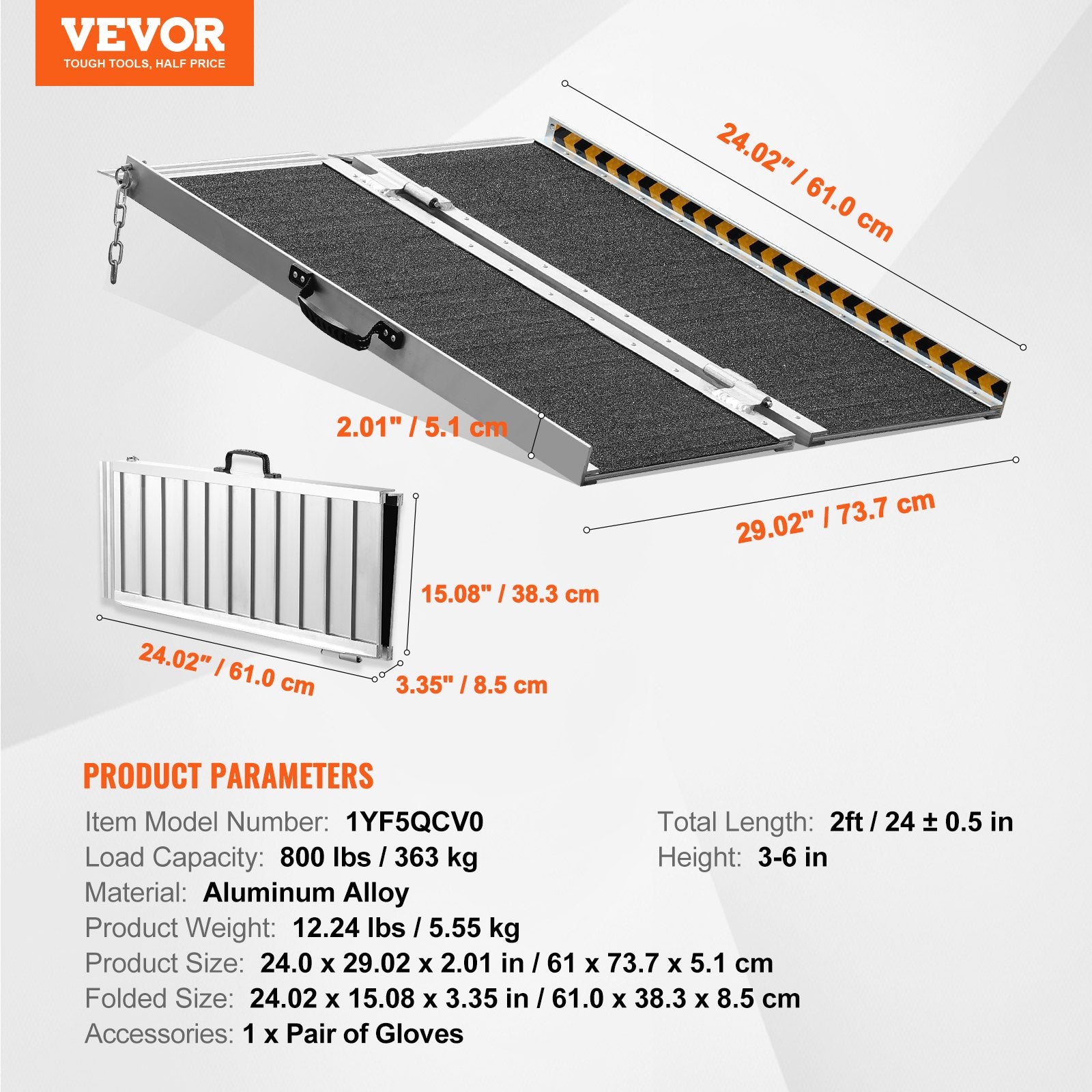 VEVOR Portable Wheelchair Ramp 2FT, Non-Slip Aluminum Folding Handicap Ramp, Door Threshold Ramps for Wheelchair for Home,Wheel Chair Ramp Steps, Cars, Scooter, Cart, Curbs, Stairs