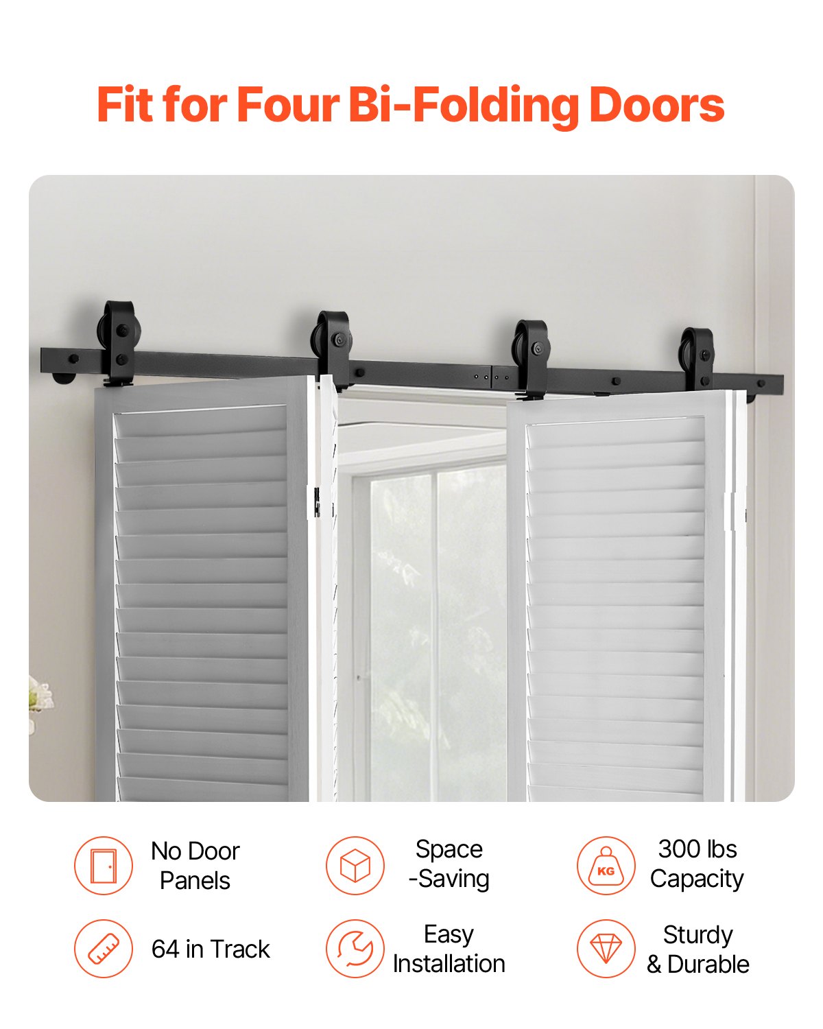 VEVOR Bi-Folding Sliding Barn Door Hardware Track Kit, 64" Top Mount Track Kit, Slide Smoothly & Quietly, Heavy Duty, Easy to Install, Suitable for Four 15" Closet Pantry Laundry Doors Not Included