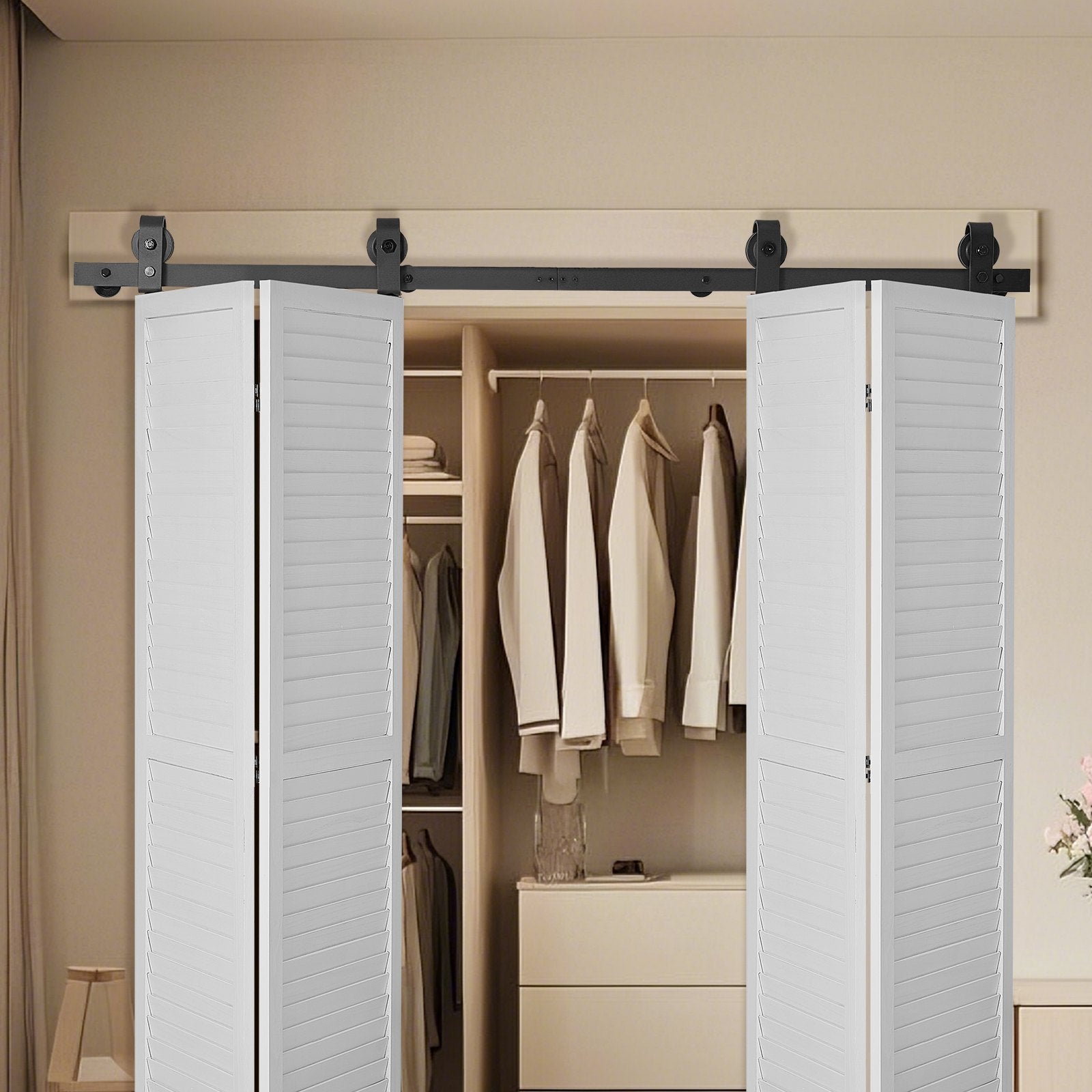 VEVOR Bi-Folding Sliding Barn Door Hardware Track Kit, 64" Top Mount Track Kit, Slide Smoothly & Quietly, Heavy Duty, Easy to Install, Suitable for Four 15" Closet Pantry Laundry Doors Not Included