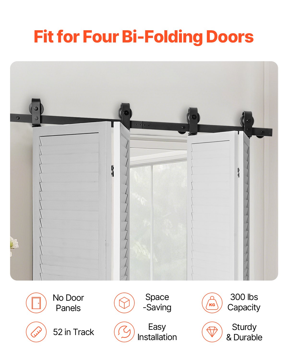 VEVOR Bi-Folding Sliding Barn Door Hardware Track Kit, 52" Top Mount Track Kit, Slide Smoothly & Quietly, Heavy Duty, Easy to Install, Suitable for Four 12" Closet Pantry Laundry Doors Not Included