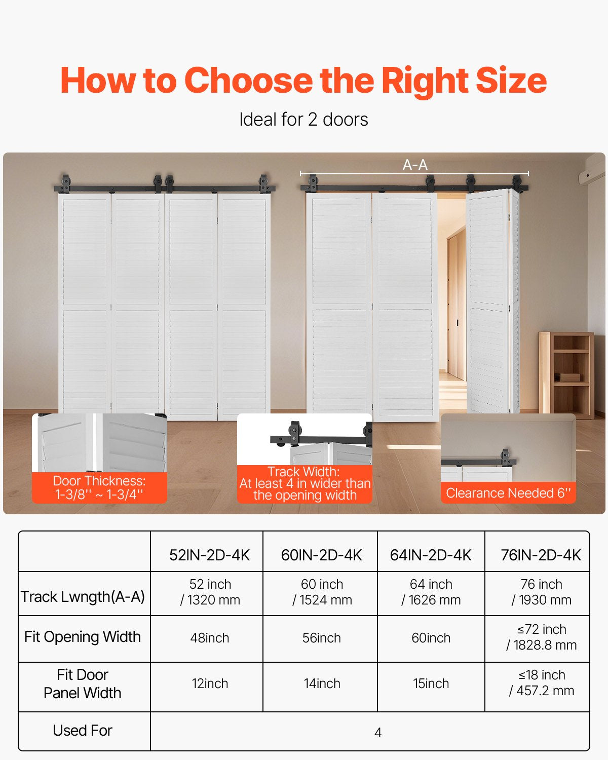 VEVOR Bi-Folding Sliding Barn Door Hardware Track Kit, 52" Top Mount Track Kit, Slide Smoothly & Quietly, Heavy Duty, Easy to Install, Suitable for Four 12" Closet Pantry Laundry Doors Not Included