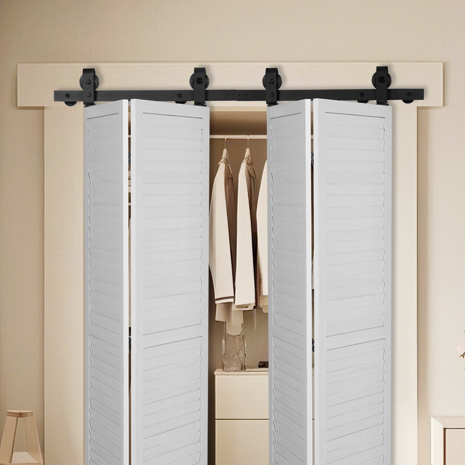 VEVOR Bi-Folding Sliding Barn Door Hardware Track Kit, 52" Top Mount Track Kit, Slide Smoothly & Quietly, Heavy Duty, Easy to Install, Suitable for Four 12" Closet Pantry Laundry Doors Not Included