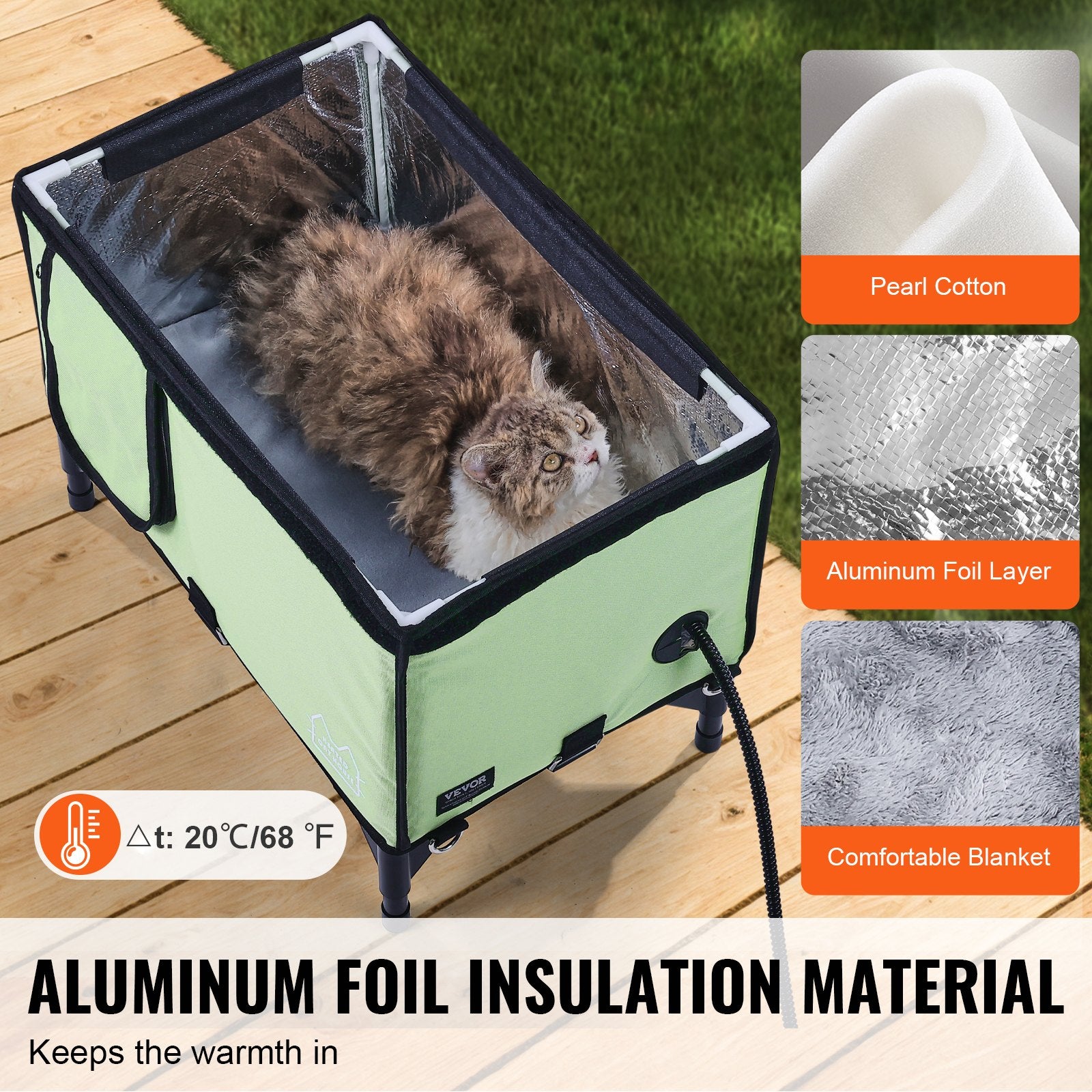 VEVOR Elevated Heated Cat House, Cuboid Kitty Shelter with Adjustable Temperature and Timer, 900D Oxford Cloth Foldable Cat Shelter with Heated Pad for Winter to Stay Warm and Cozy, Green Large