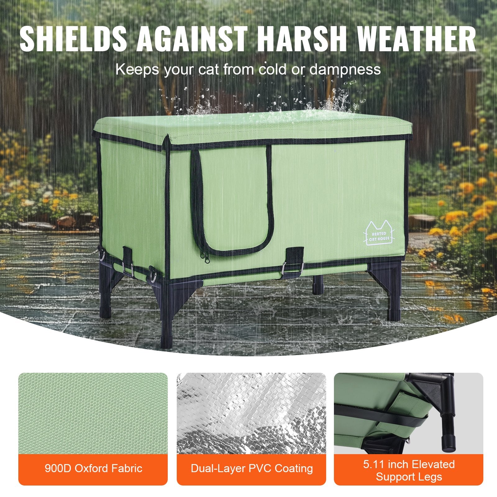 VEVOR Elevated Heated Cat House, Cuboid Kitty Shelter with Adjustable Temperature and Timer, 900D Oxford Cloth Foldable Cat Shelter with Heated Pad for Winter to Stay Warm and Cozy, Green Large
