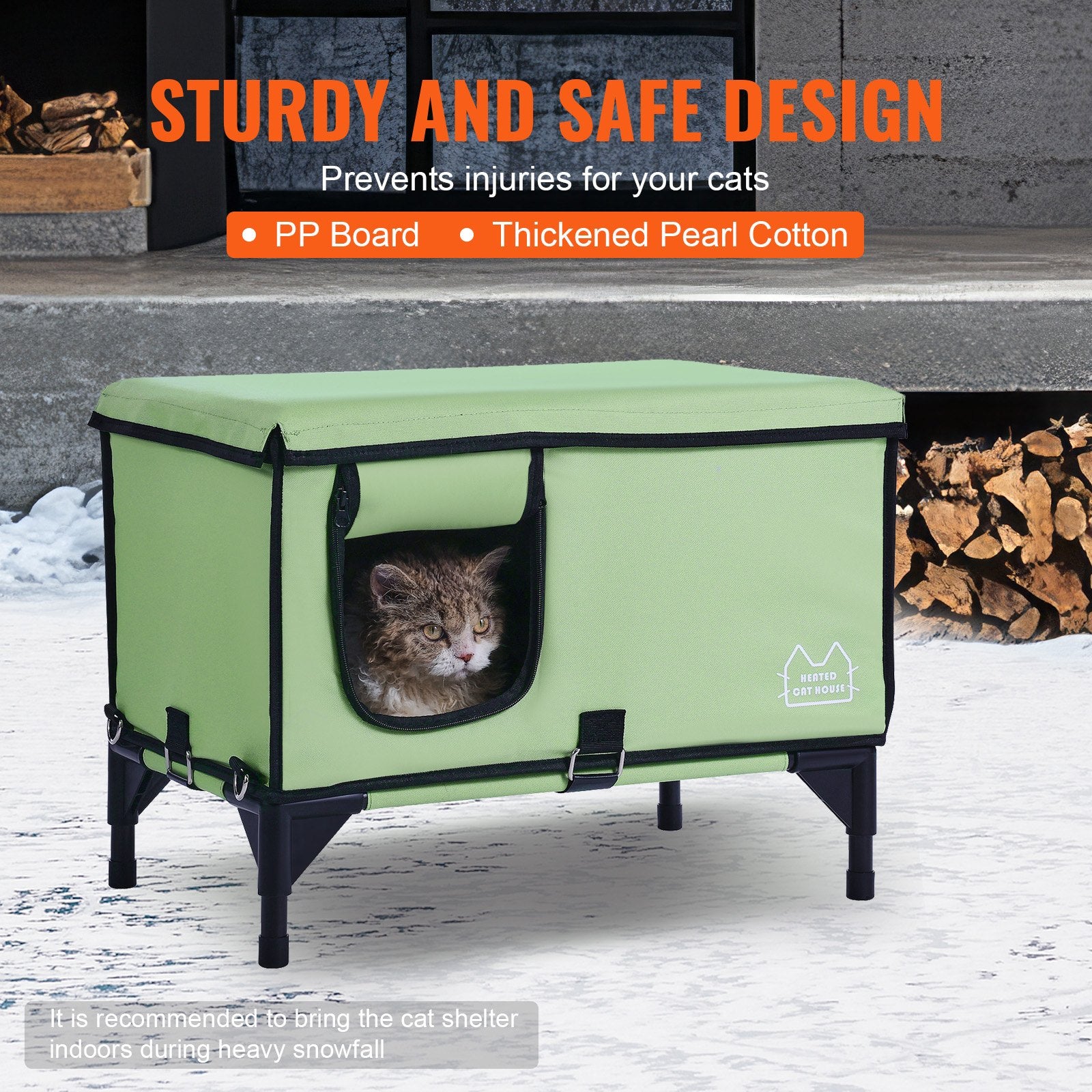 VEVOR Elevated Heated Cat House, Cuboid Kitty Shelter with Adjustable Temperature and Timer, 900D Oxford Cloth Foldable Cat Shelter with Heated Pad for Winter to Stay Warm and Cozy, Green Large