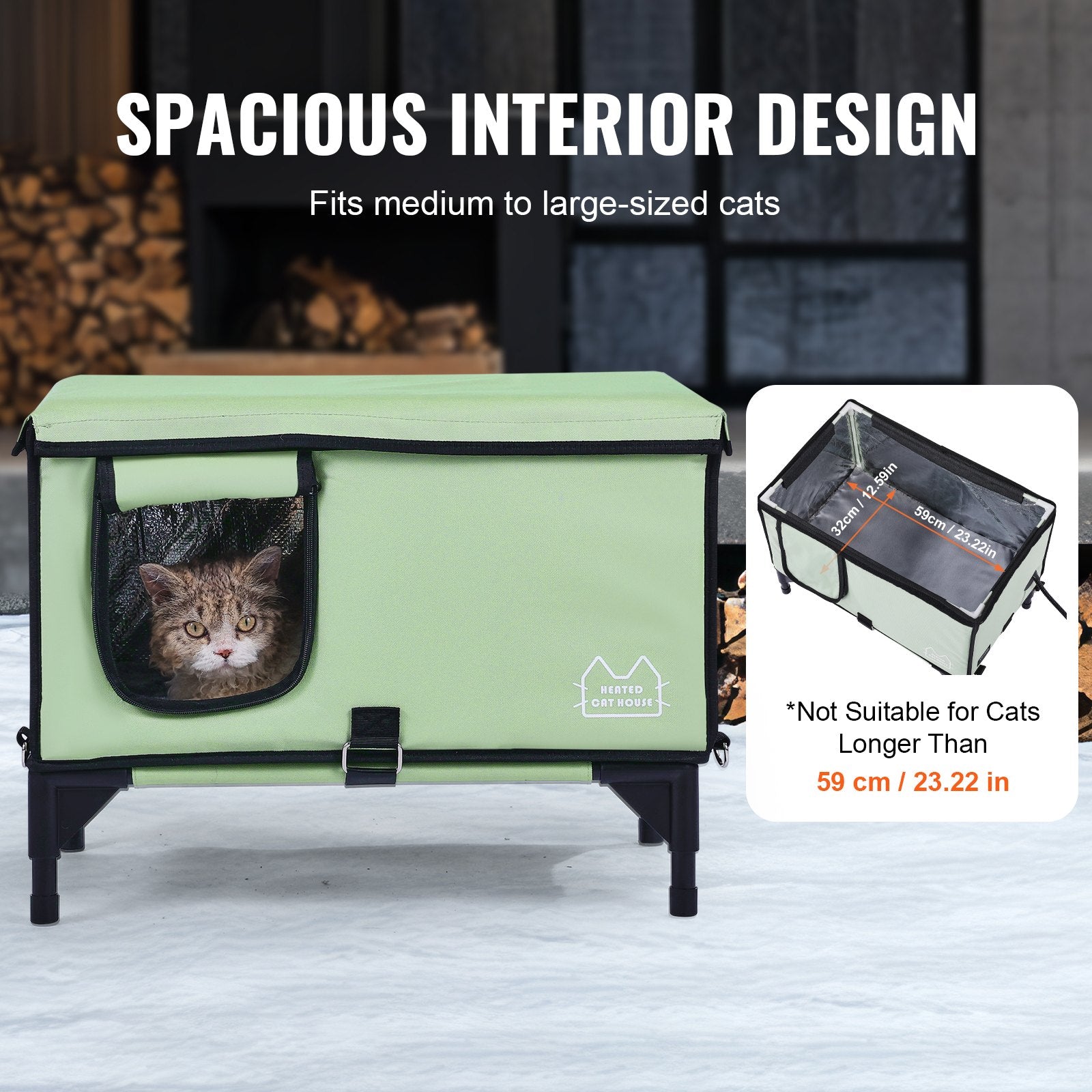 VEVOR Elevated Heated Cat House, Cuboid Kitty Shelter with Adjustable Temperature and Timer, 900D Oxford Cloth Foldable Cat Shelter with Heated Pad for Winter to Stay Warm and Cozy, Green Large