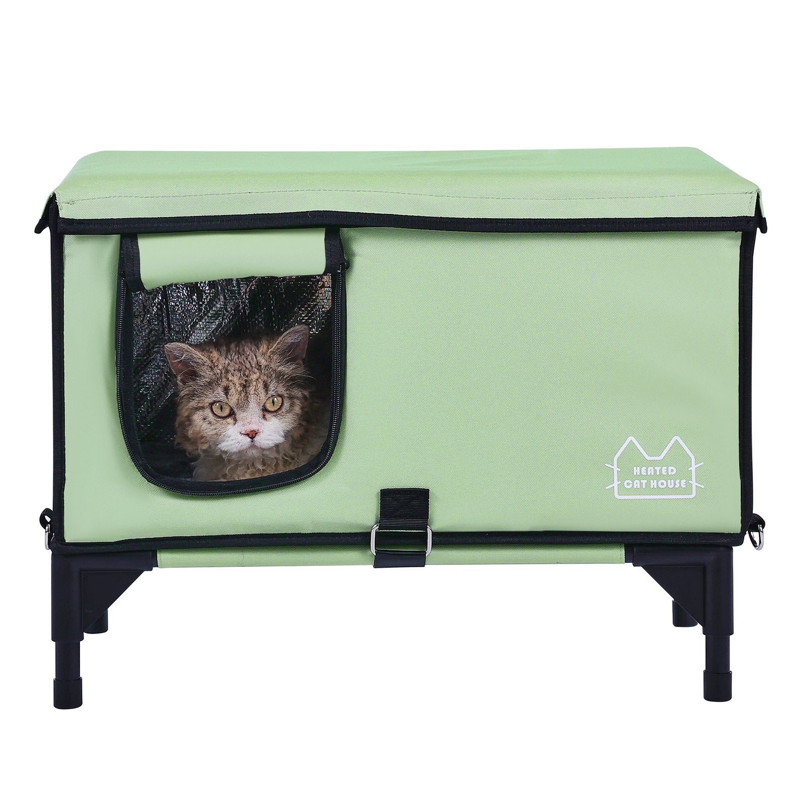 VEVOR Elevated Heated Cat House, Cuboid Kitty Shelter with Adjustable Temperature and Timer, 900D Oxford Cloth Foldable Cat Shelter with Heated Pad for Winter to Stay Warm and Cozy, Green Large