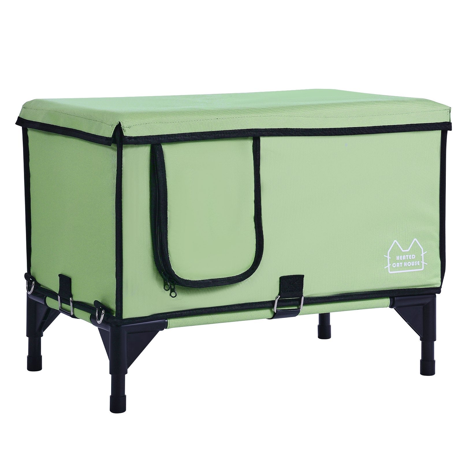 VEVOR Elevated Heated Cat House, Cuboid Kitty Shelter with Adjustable Temperature and Timer, 900D Oxford Cloth Foldable Cat Shelter with Heated Pad for Winter to Stay Warm and Cozy, Green Large