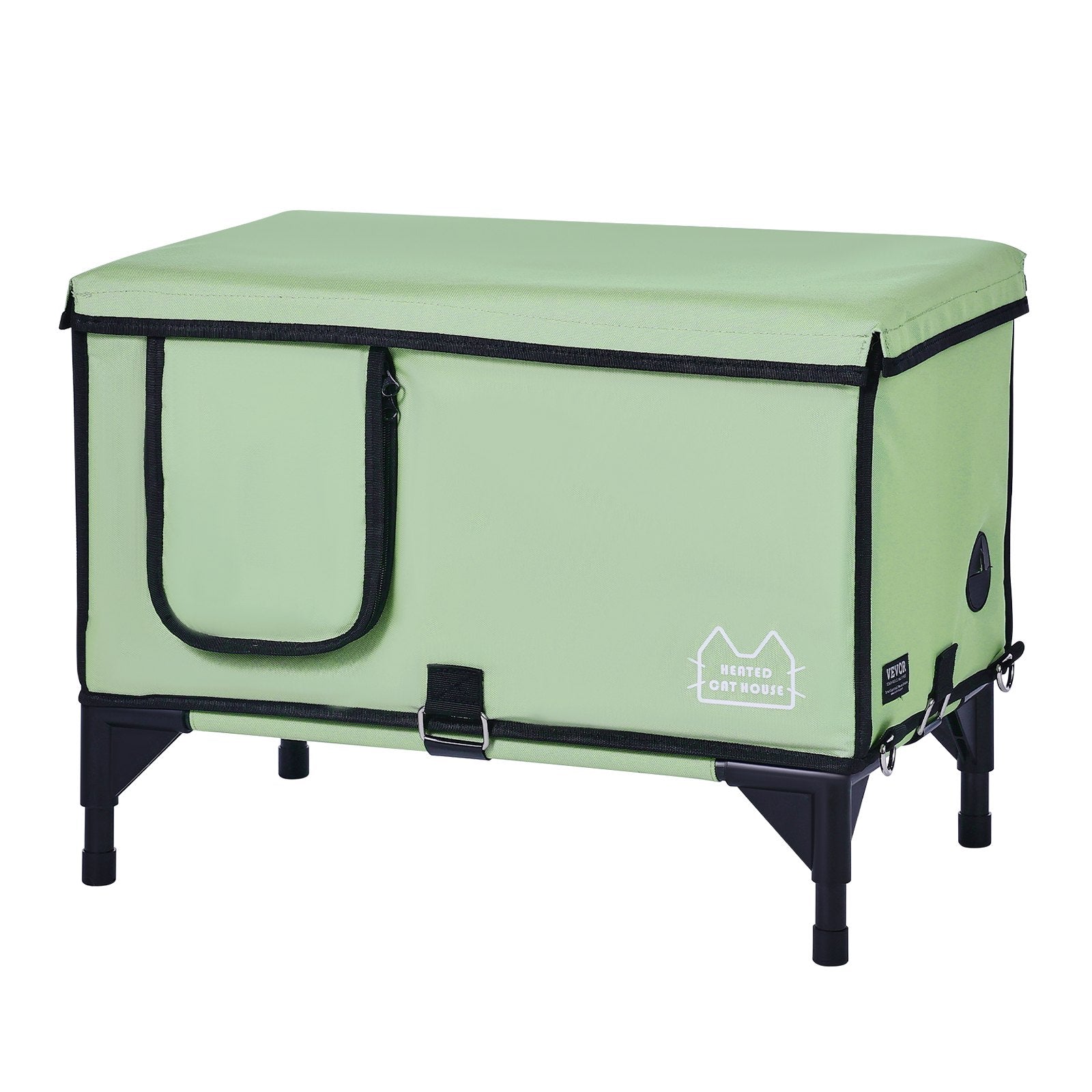 VEVOR Elevated Heated Cat House, Cuboid Kitty Shelter with Adjustable Temperature and Timer, 900D Oxford Cloth Foldable Cat Shelter with Heated Pad for Winter to Stay Warm and Cozy, Green Large