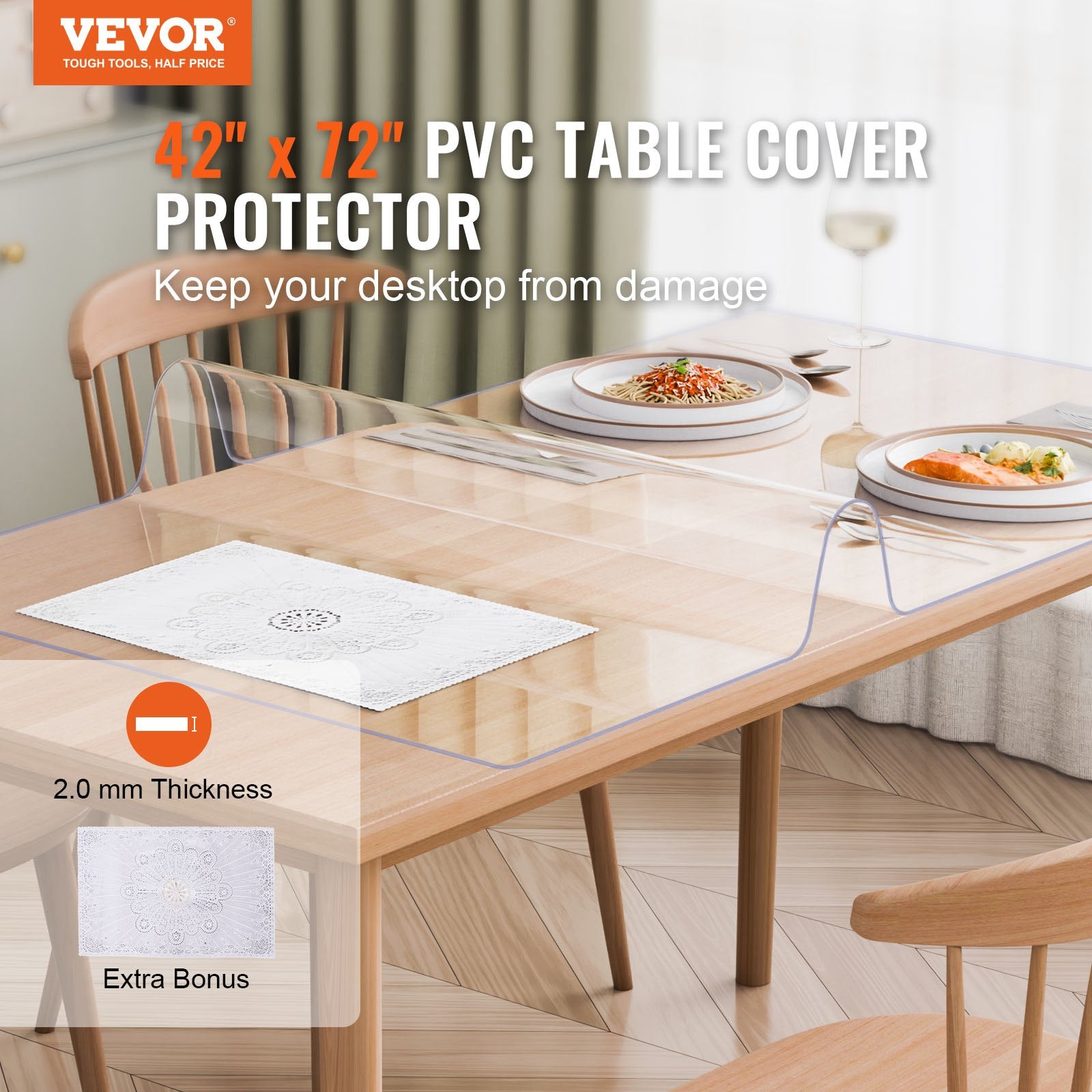 VEVOR Plastic Table Cover, 42 x 72 Inch 2.0 mm Thick Clear Table Protector, Rectangle PVC Desk Mat, Waterproof & Easy Cleaning Desk Pad Tablecloth, for Office Dresser Dining Room Table Night Stand