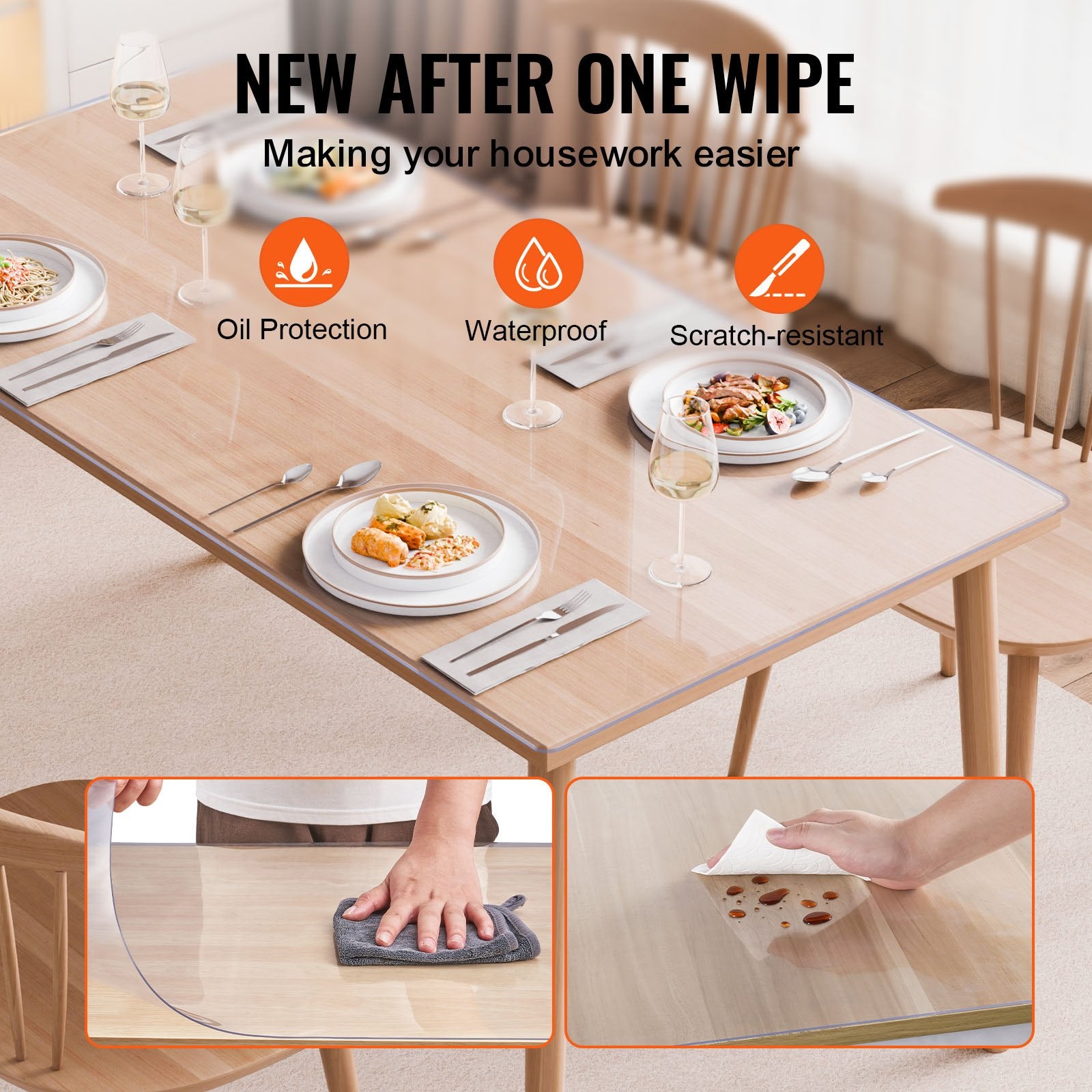 VEVOR Plastic Table Cover, 42 x 72 Inch 2.0 mm Thick Clear Table Protector, Rectangle PVC Desk Mat, Waterproof & Easy Cleaning Desk Pad Tablecloth, for Office Dresser Dining Room Table Night Stand