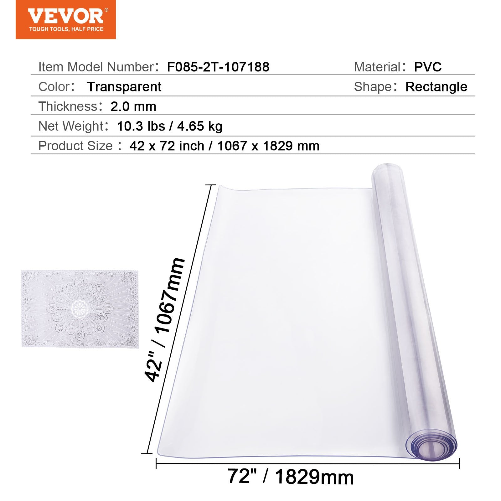VEVOR Plastic Table Cover, 42 x 72 Inch 2.0 mm Thick Clear Table Protector, Rectangle PVC Desk Mat, Waterproof & Easy Cleaning Desk Pad Tablecloth, for Office Dresser Dining Room Table Night Stand