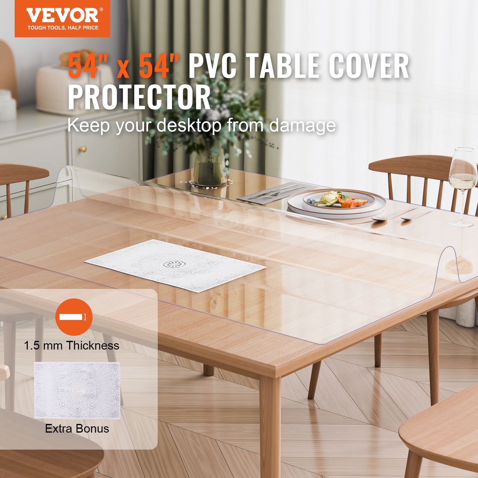 VEVOR Plastic Table Cover, 54 x 54 Inch 1.5 mm Thick Clear Table Protector, Square PVC Desk Mat, Waterproof & Easy Cleaning Desk Pad Tablecloth, for Office Dresser Dining Room Table Night Stand