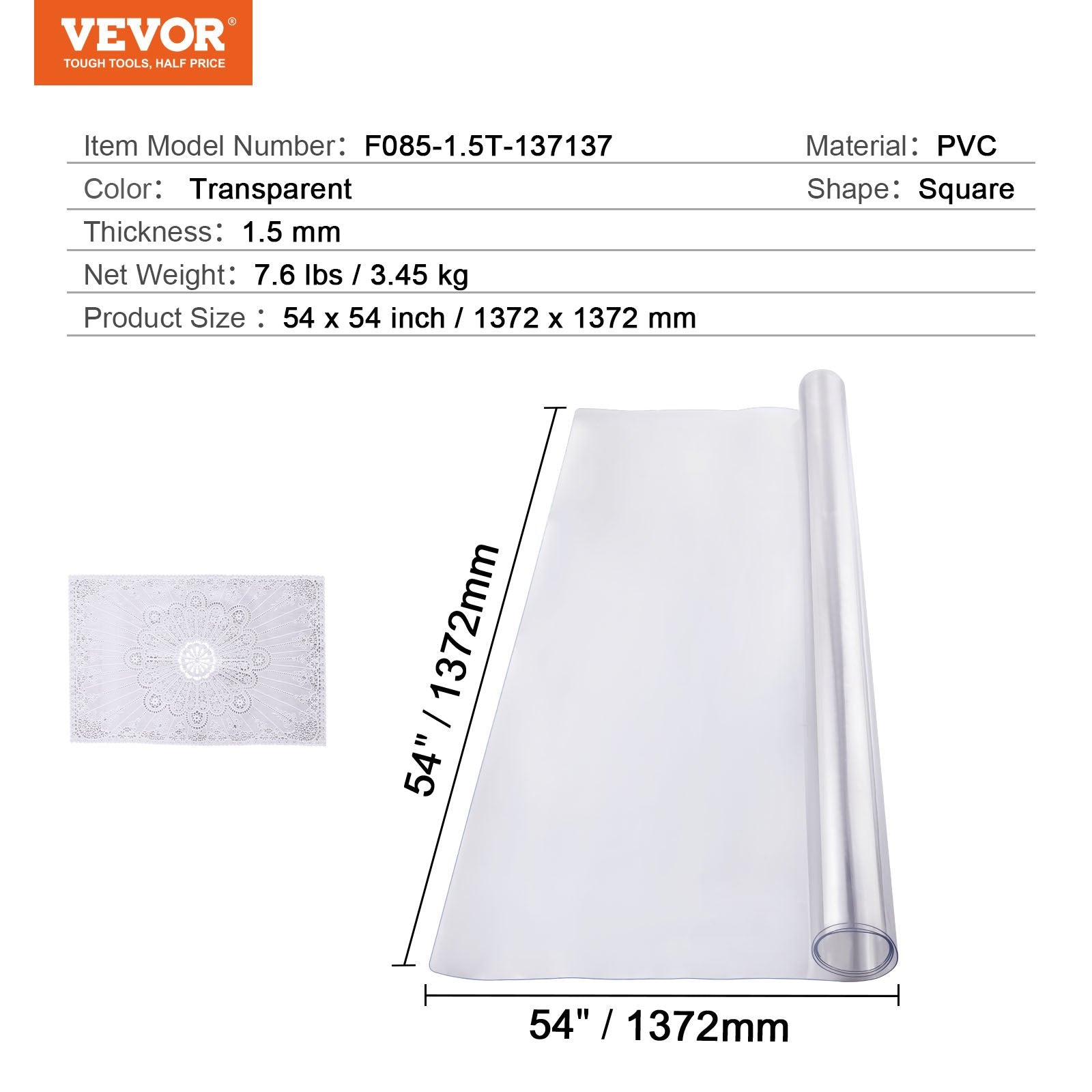 VEVOR Plastic Table Cover, 54 x 54 Inch 1.5 mm Thick Clear Table Protector, Square PVC Desk Mat, Waterproof & Easy Cleaning Desk Pad Tablecloth, for Office Dresser Dining Room Table Night Stand