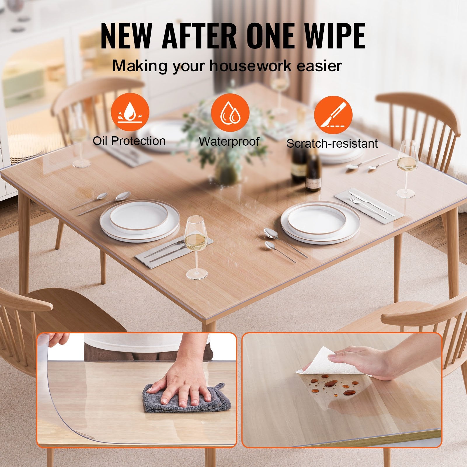 VEVOR Plastic Table Cover, 54 x 54 Inch 2.0 mm Thick Clear Table Protector, Square PVC Desk Mat, Waterproof & Easy Cleaning Desk Pad Tablecloth, for Office Dresser Dining Room Table Night Stand