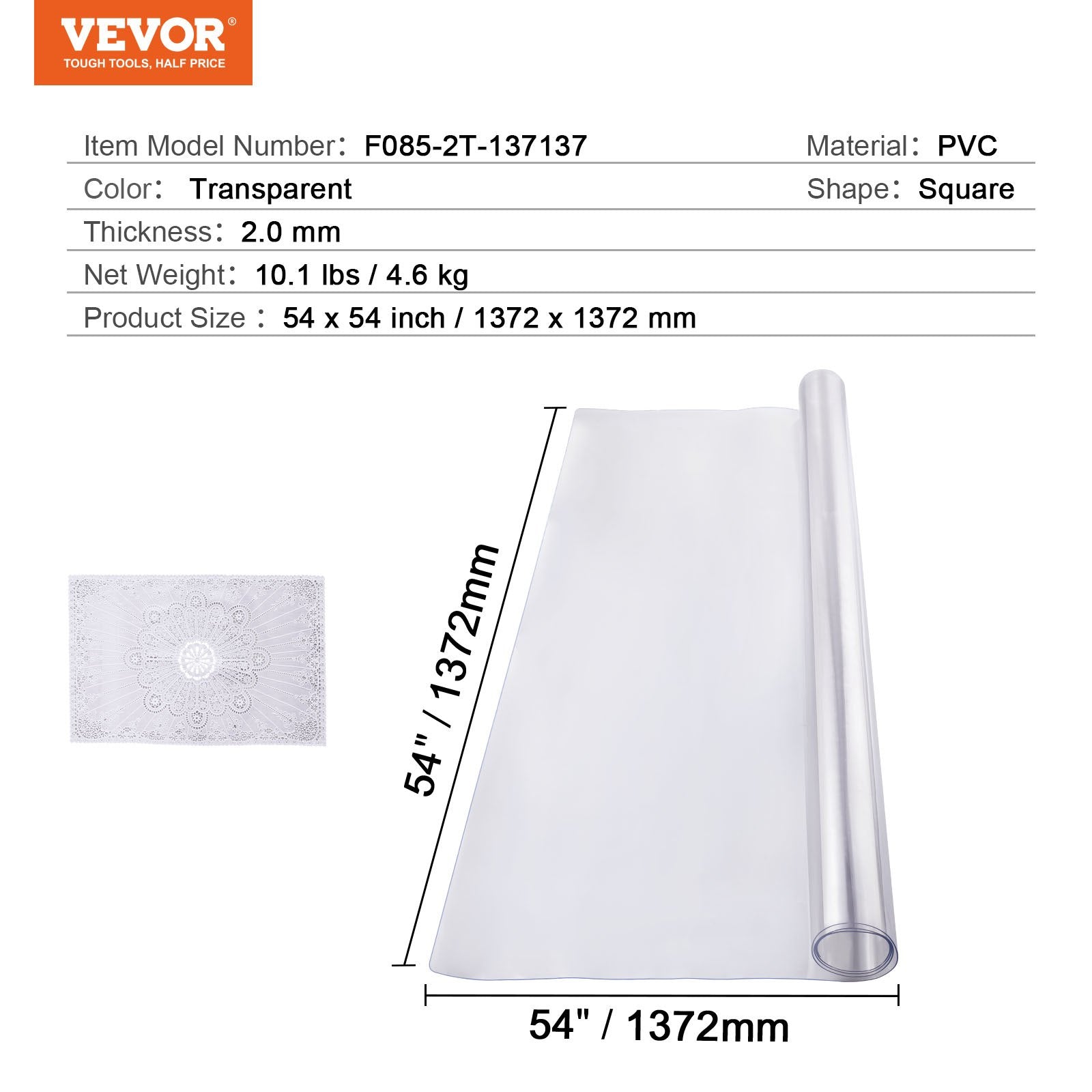 VEVOR Plastic Table Cover, 54 x 54 Inch 2.0 mm Thick Clear Table Protector, Square PVC Desk Mat, Waterproof & Easy Cleaning Desk Pad Tablecloth, for Office Dresser Dining Room Table Night Stand