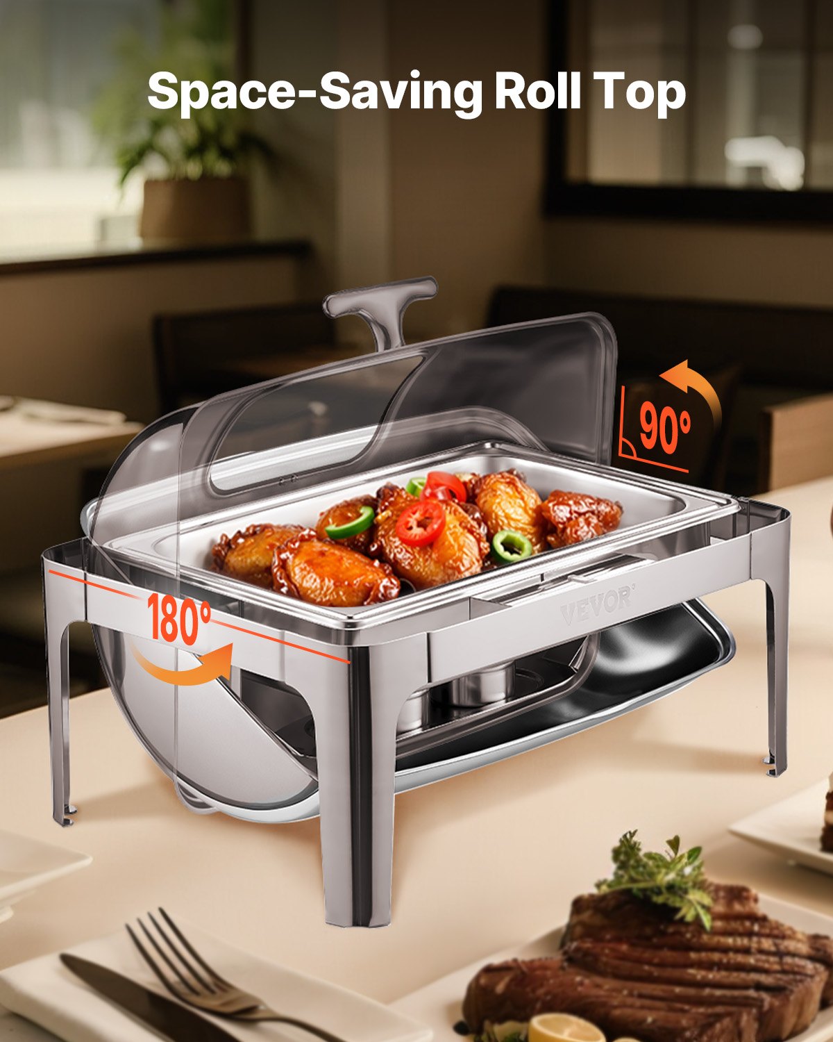 VEVOR Roll Top Chafing Dish Buffet Complete Set, 9 Qt 1 Pack Stainless Steel Chafer with 2 Half Size Pans, Rectangle Catering Warmer Server with Visible Lid Water Pan Folding Stand Fuel Holder, Silver