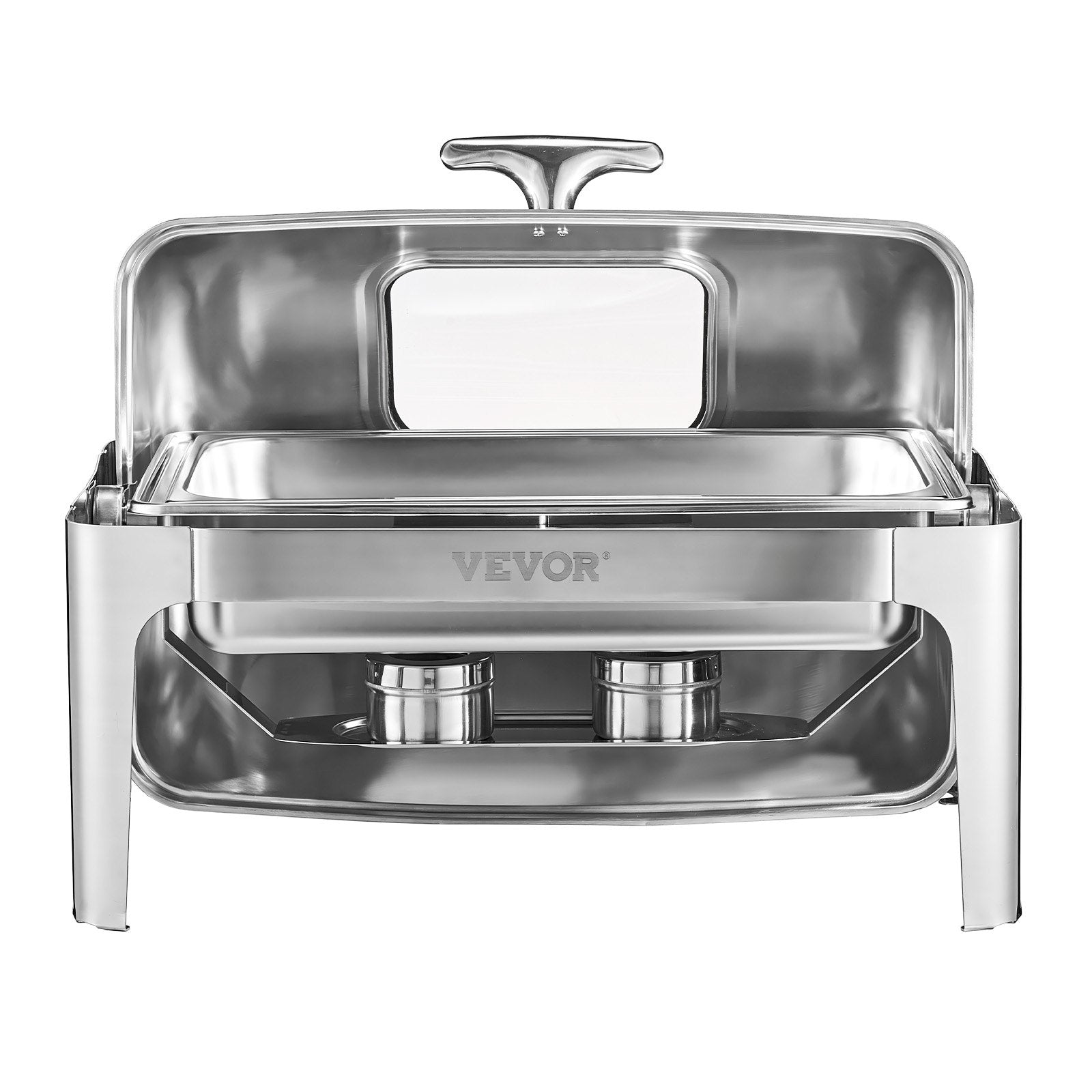 VEVOR Roll Top Chafing Dish Buffet Complete Set, 9 Qt 1 Pack Stainless Steel Chafer with 2 Half Size Pans, Rectangle Catering Warmer Server with Visible Lid Water Pan Folding Stand Fuel Holder, Silver