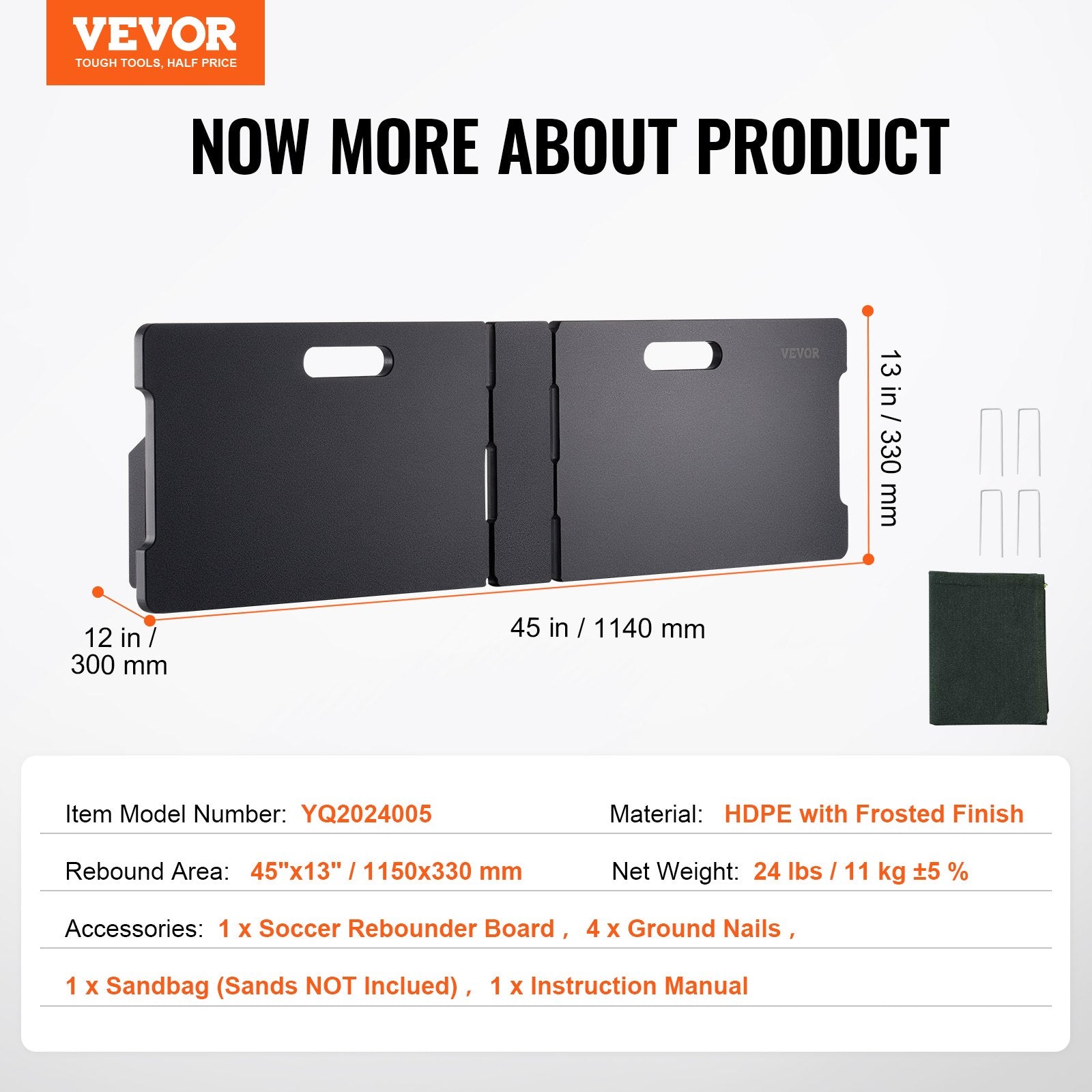 VEVOR Soccer Rebounder Board, 45"X13" Portable Soccer Wall with 2 Angles Rebound, Foldable HDPE Kickback Rebound Board, Soccer Training Equipment for Kids and Adults, Passing & Shooting Practice