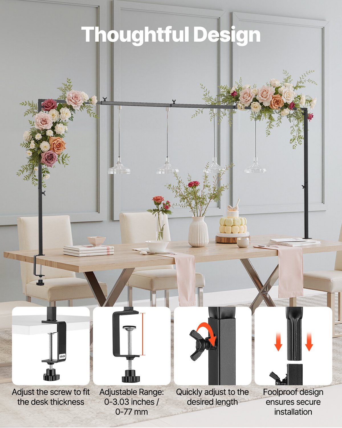 VEVOR Over The Table Rod Stand with Clamps, 13"-42" Tall & 28"-98" Length Adjustable, 2 Packs Table Arch Stand, Tabletop Balloon Arch Frame for Wedding Birthday Party Christmas Decorations, Black