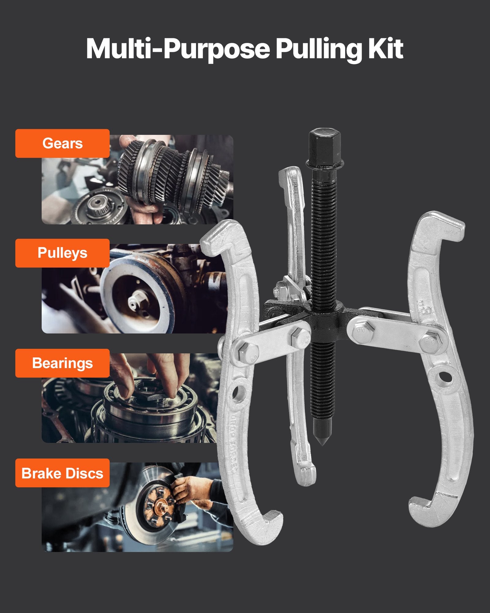 VEVOR Gear Puller Set, 76.2 mm/101.6 mm/152.4 mm/203.2 mm 3 Jaw Bearing Puller with Reversible Jaws, 2 Jaw/3 Jaw Pulley Puller, 4 PCS Bearing Puller Tool Kit for Pulley Gear Bearing Flywheel Removal