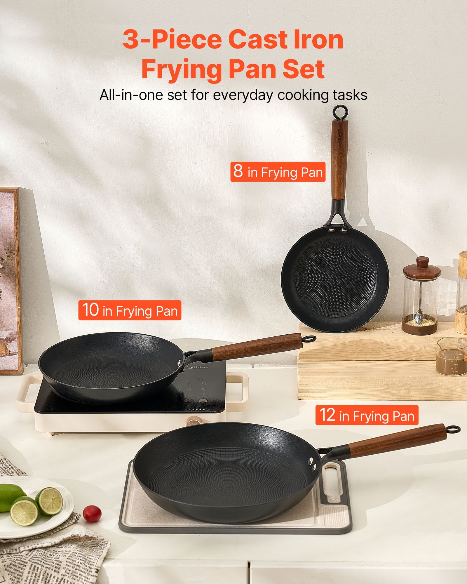 VEVOR Cast Iron Skillet, 3-Piece Frying Pan Set 205, 265, 310 mm , Nonstick Skillets with Detachable Wood Handle, Pre-Seasoned Chef's Pan, Kitchen Cookware for Gas, Electrical, and Induction, Black