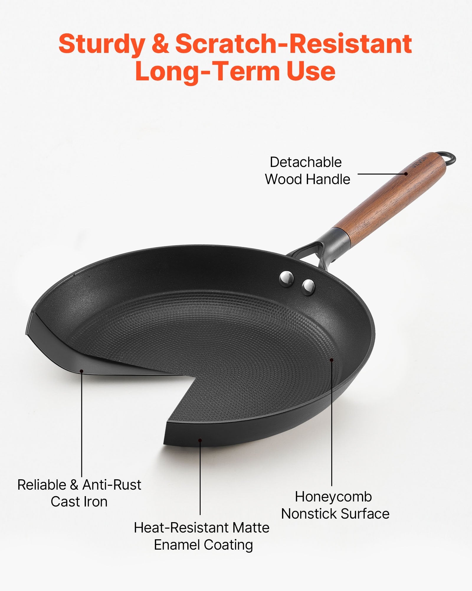 VEVOR Cast Iron Skillet, 3-Piece Frying Pan Set 205, 265, 310 mm , Nonstick Skillets with Detachable Wood Handle, Pre-Seasoned Chef's Pan, Kitchen Cookware for Gas, Electrical, and Induction, Black