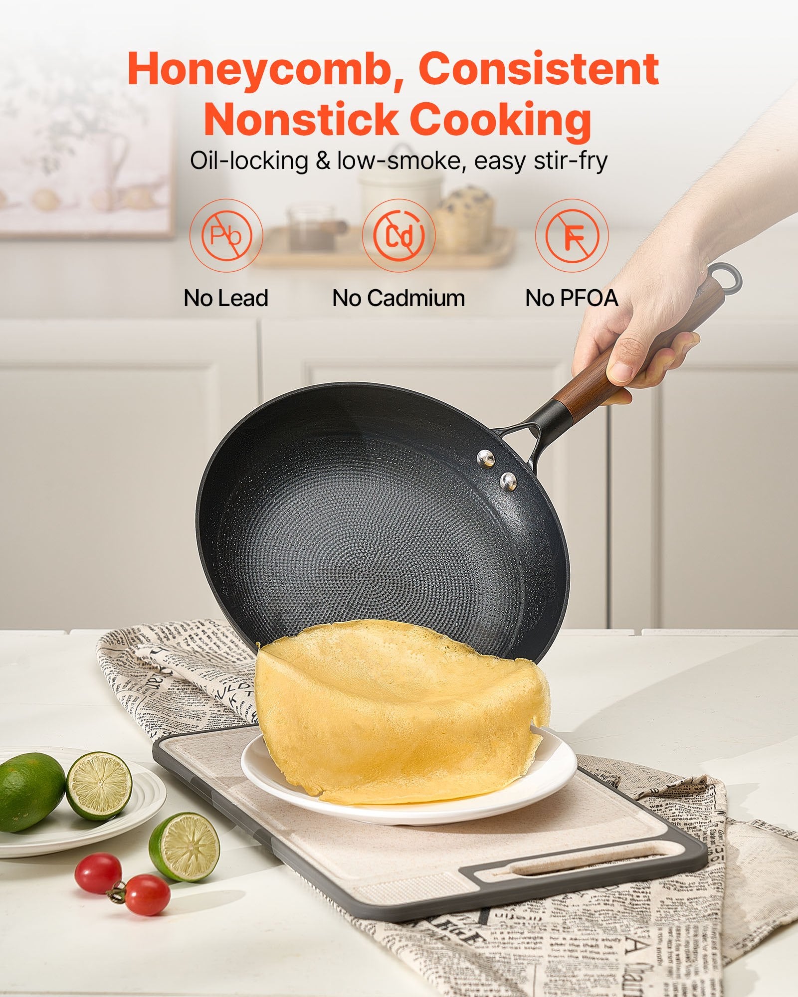 VEVOR Cast Iron Skillet, 3-Piece Frying Pan Set 205, 265, 310 mm , Nonstick Skillets with Detachable Wood Handle, Pre-Seasoned Chef's Pan, Kitchen Cookware for Gas, Electrical, and Induction, Black