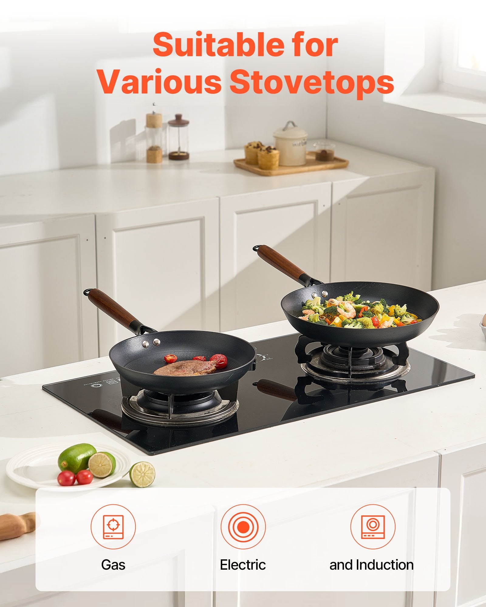 VEVOR Cast Iron Skillet, 3-Piece Frying Pan Set 205, 265, 310 mm , Nonstick Skillets with Detachable Wood Handle, Pre-Seasoned Chef's Pan, Kitchen Cookware for Gas, Electrical, and Induction, Black