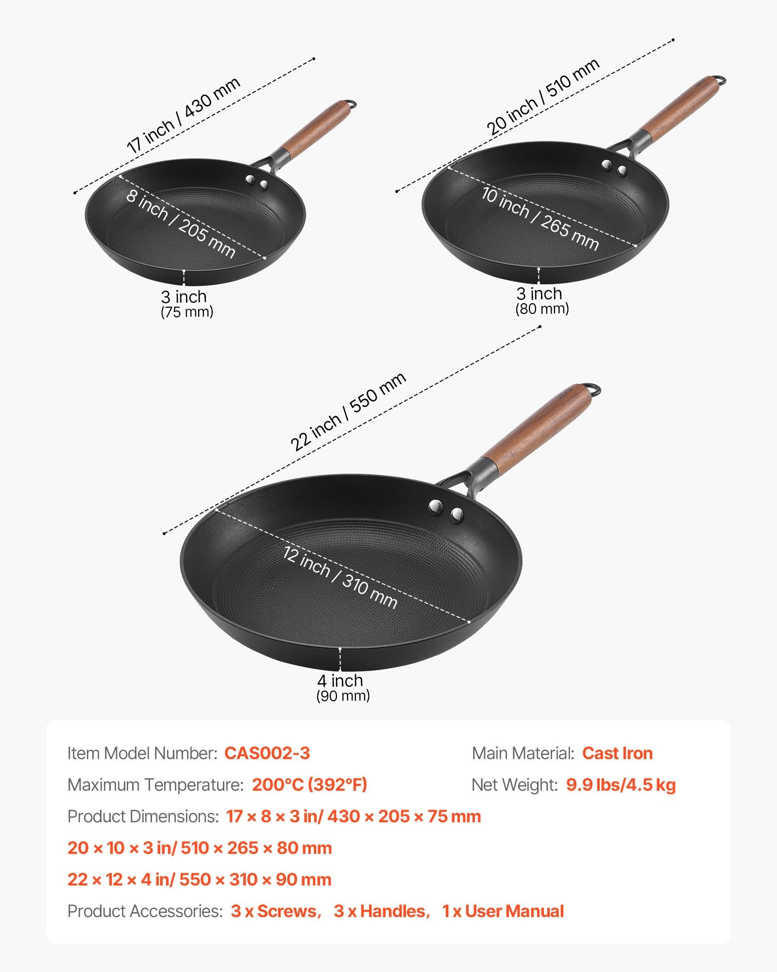 VEVOR Cast Iron Skillet, 3-Piece Frying Pan Set 205, 265, 310 mm , Nonstick Skillets with Detachable Wood Handle, Pre-Seasoned Chef's Pan, Kitchen Cookware for Gas, Electrical, and Induction, Black