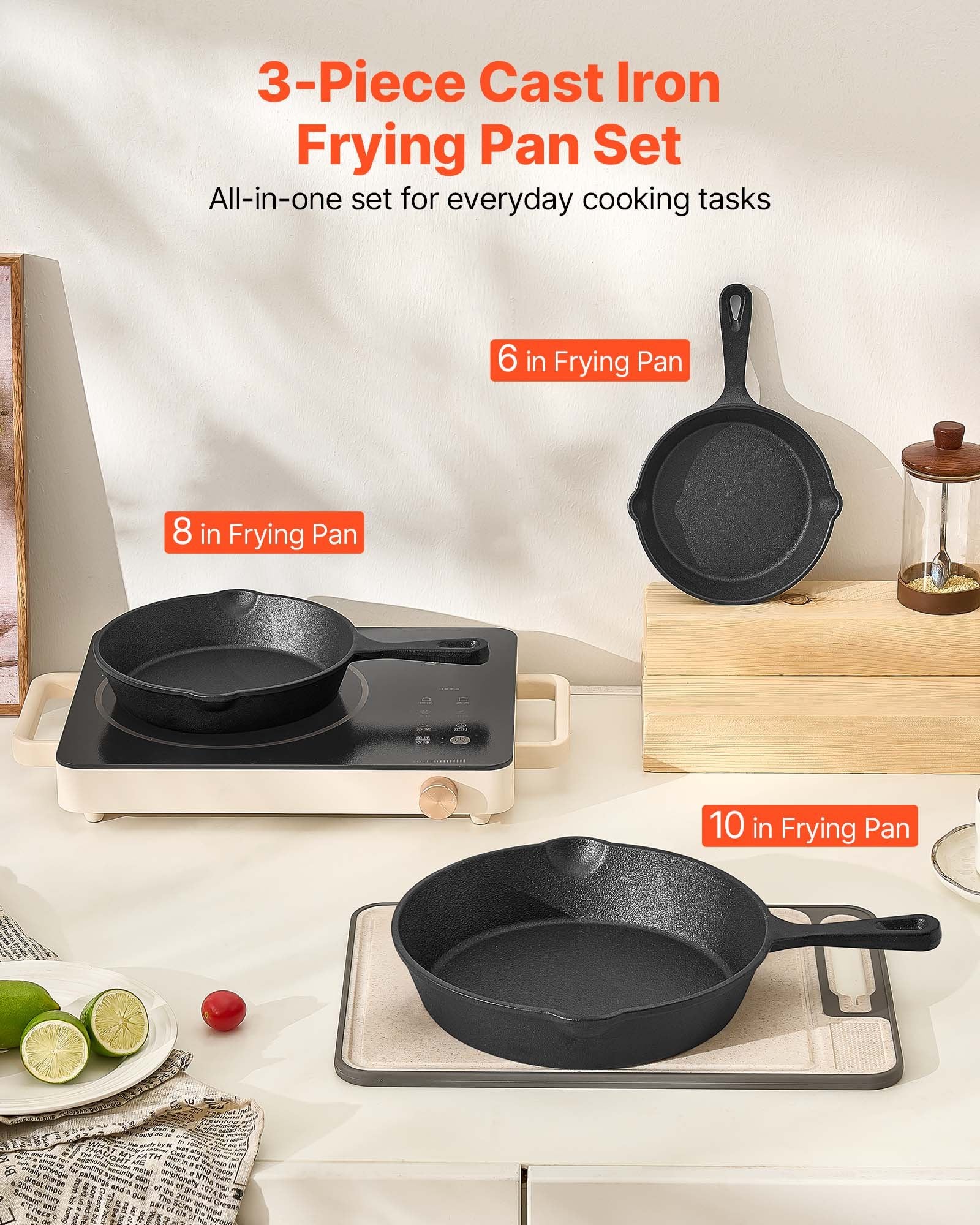 VEVOR Cast Iron Skillet, 3 Pcs Frying Pan Set 160, 220, 265 mm , Heavy-Duty Skillets with Heat-Resistant Handle, Pre-Seasoned Chef's Pan, Kitchen Cookware, for Oven, Gas, Electrical, Induction, Black