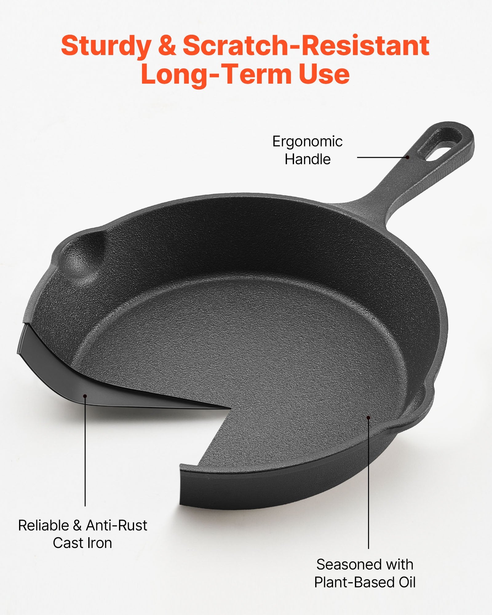 VEVOR Cast Iron Skillet, 3 Pcs Frying Pan Set 160, 220, 265 mm , Heavy-Duty Skillets with Heat-Resistant Handle, Pre-Seasoned Chef's Pan, Kitchen Cookware, for Oven, Gas, Electrical, Induction, Black