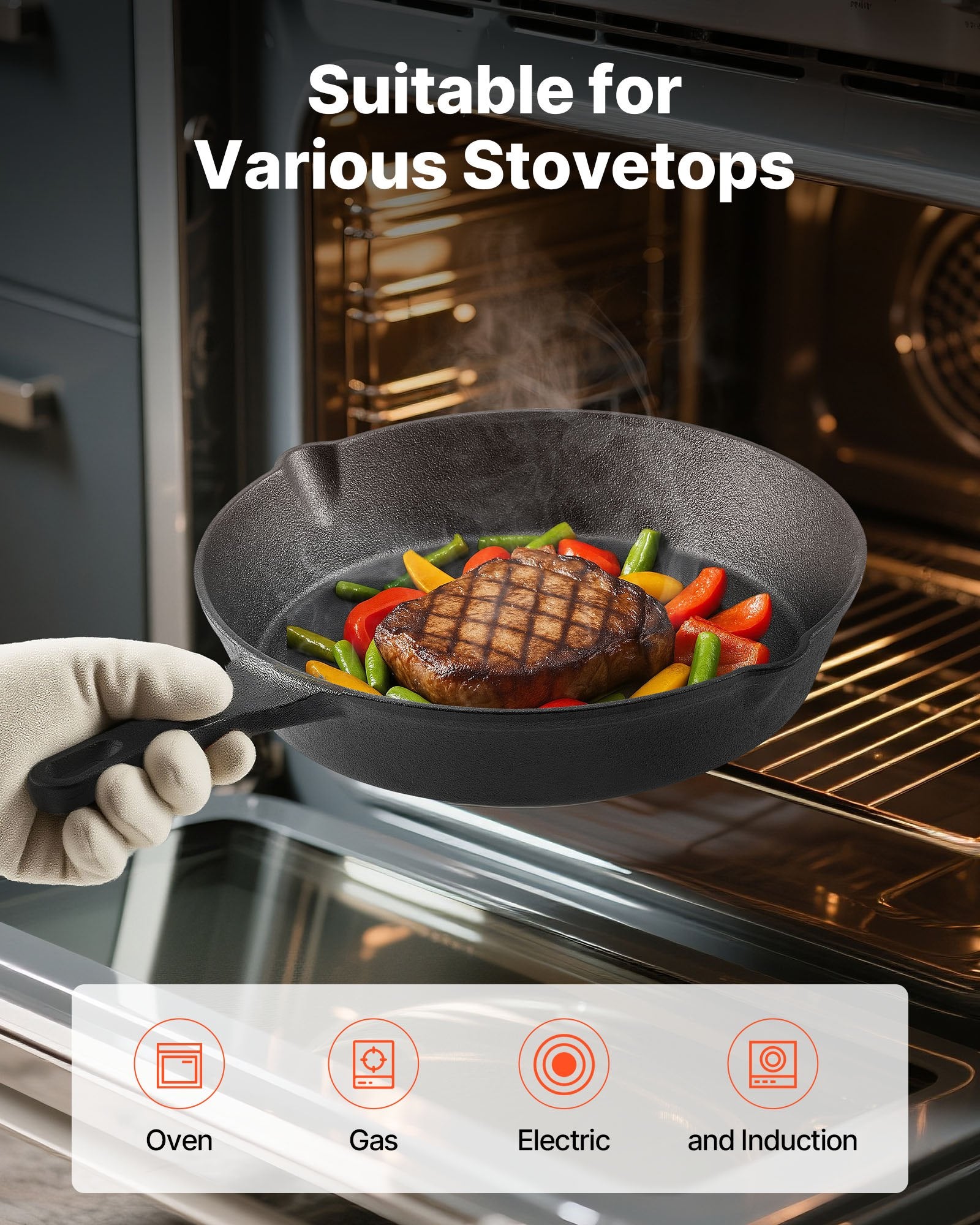 VEVOR Cast Iron Skillet, 3 Pcs Frying Pan Set 160, 220, 265 mm , Heavy-Duty Skillets with Heat-Resistant Handle, Pre-Seasoned Chef's Pan, Kitchen Cookware, for Oven, Gas, Electrical, Induction, Black
