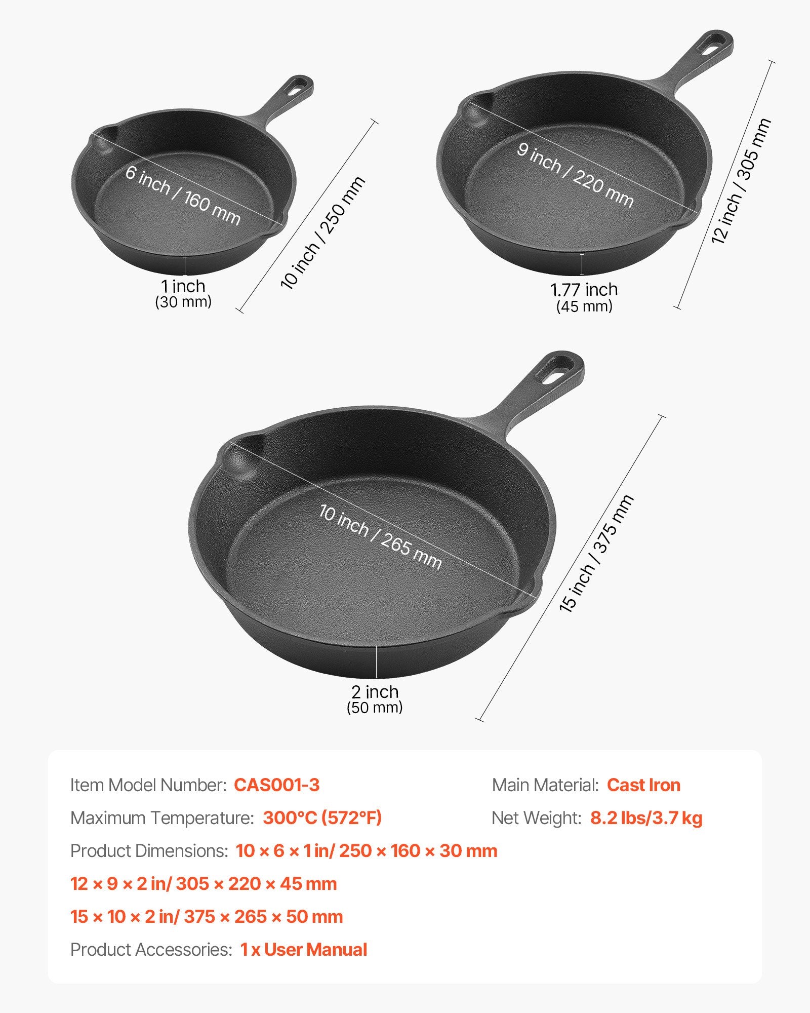 VEVOR Cast Iron Skillet, 3 Pcs Frying Pan Set 160, 220, 265 mm , Heavy-Duty Skillets with Heat-Resistant Handle, Pre-Seasoned Chef's Pan, Kitchen Cookware, for Oven, Gas, Electrical, Induction, Black
