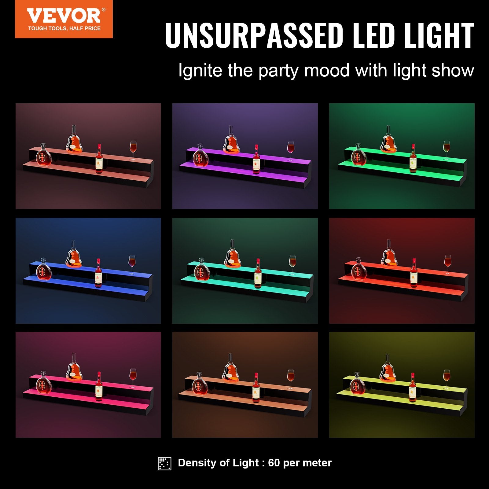 VEVOR LED Lighted Liquor Bottle Display, 2 Tiers 40 Inch Commercial Illuminated Home Bar Shelf, 2 Steps Whiskey Rack Stand, Acrylic Drink Shelves with RF Remote & App Control, and Multicolor lighting