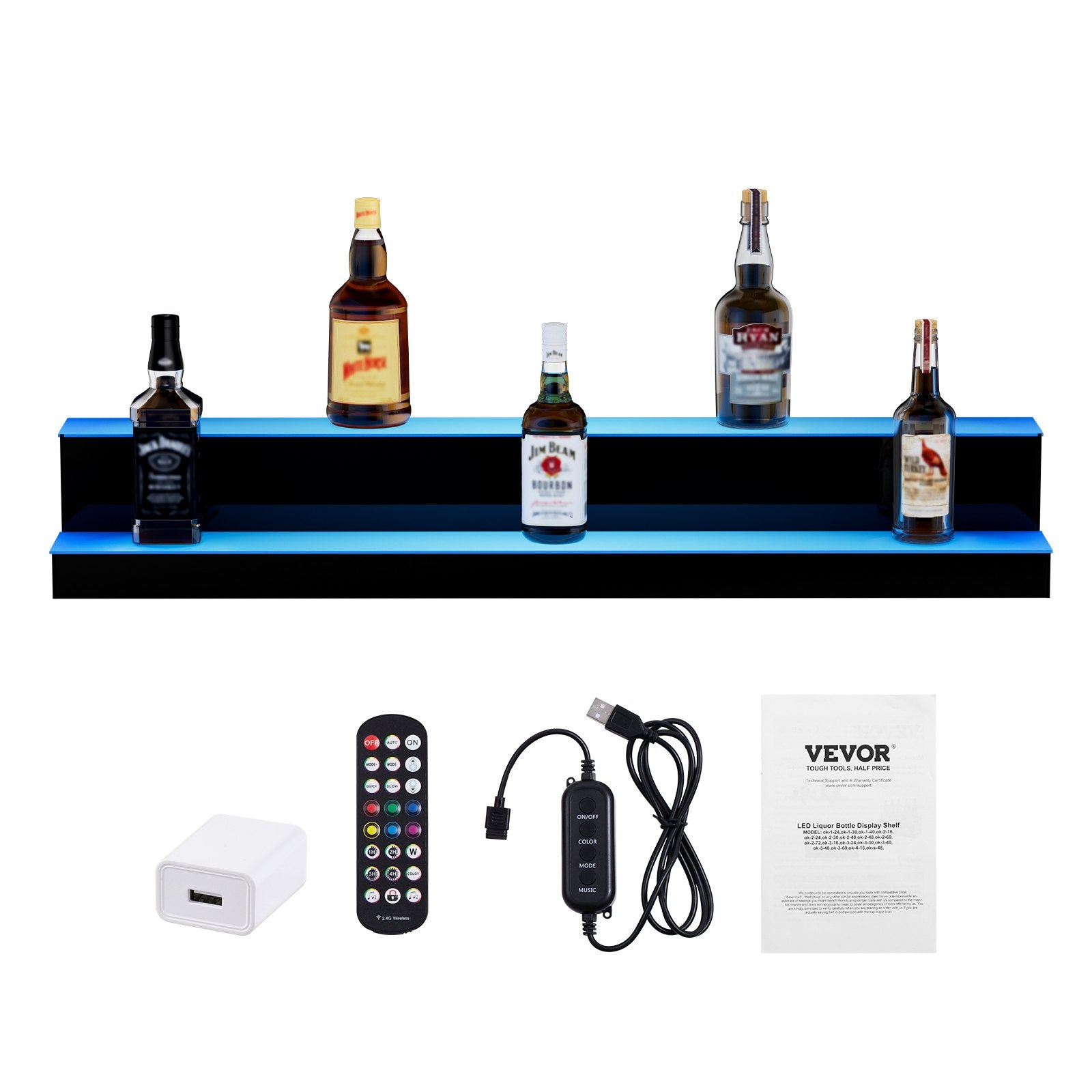 VEVOR LED Lighted Liquor Bottle Display, 2 Tiers 40 Inch Commercial Illuminated Home Bar Shelf, 2 Steps Whiskey Rack Stand, Acrylic Drink Shelves with RF Remote & App Control, and Multicolor lighting